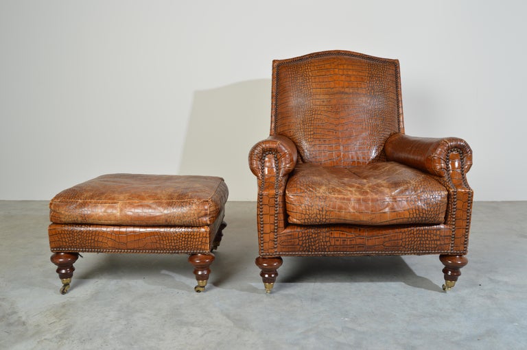 English Regency Gator Embossed Lounge Chair and Ottoman by Pearson 2
