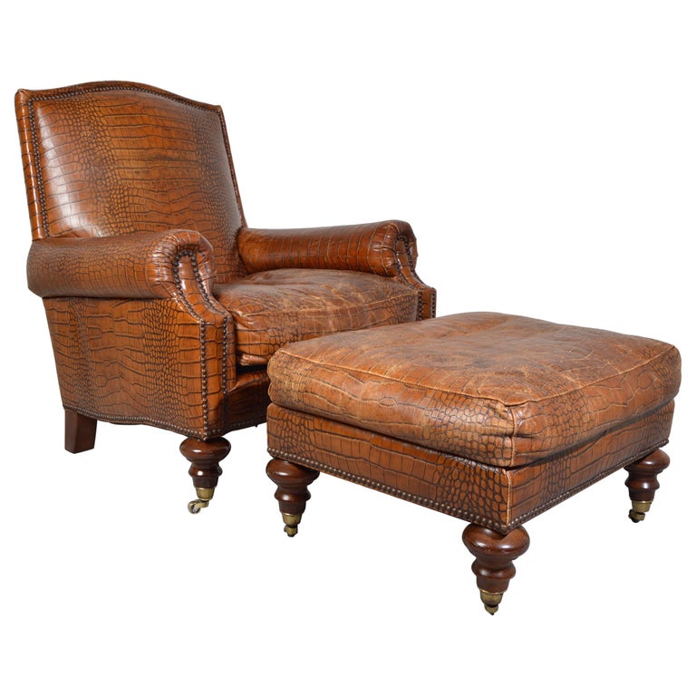 English Regency Gator Embossed Lounge Chair and Ottoman by Pearson
