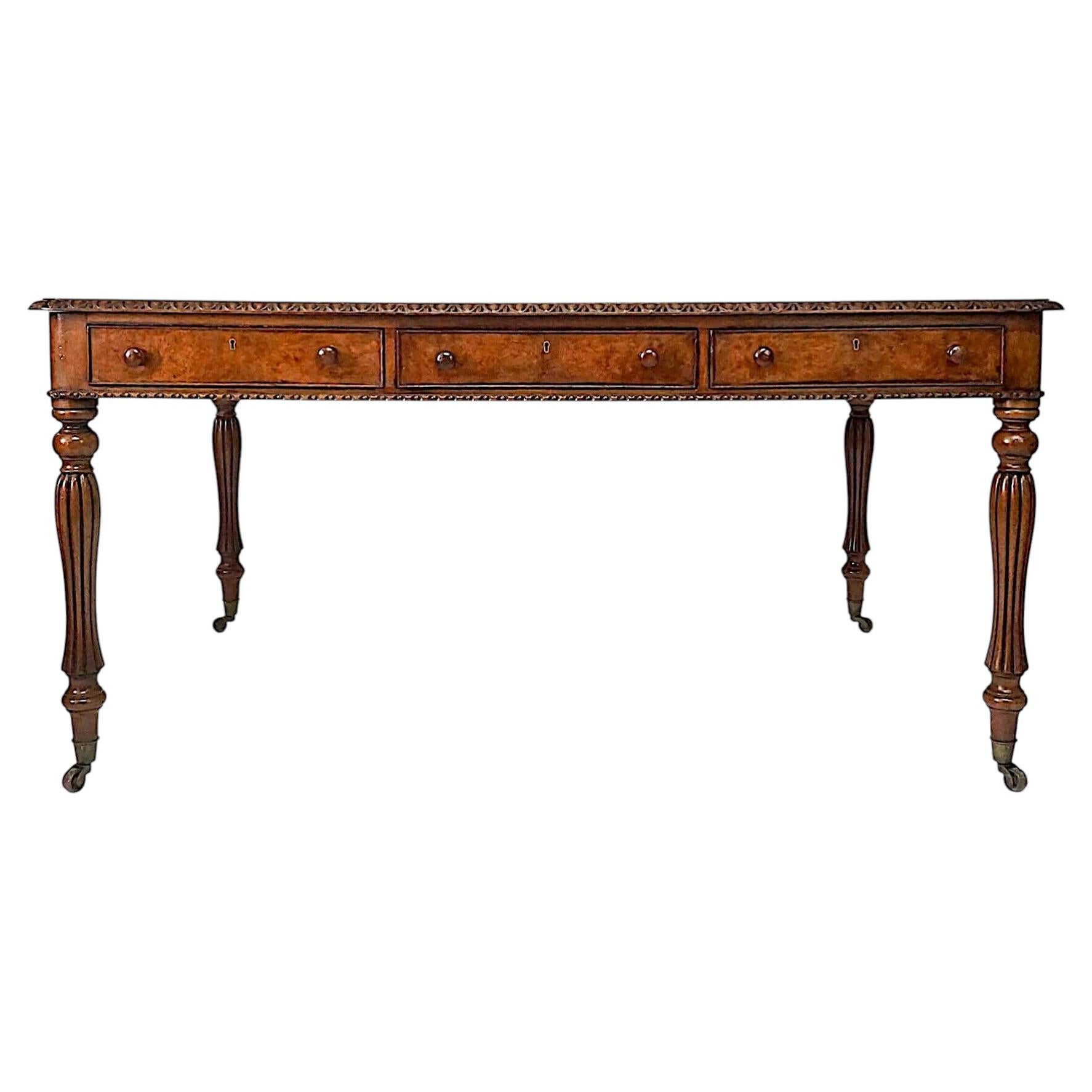 English Regency George IV Oak and Burr Walnut Library Writing Table, circa 1825 For Sale