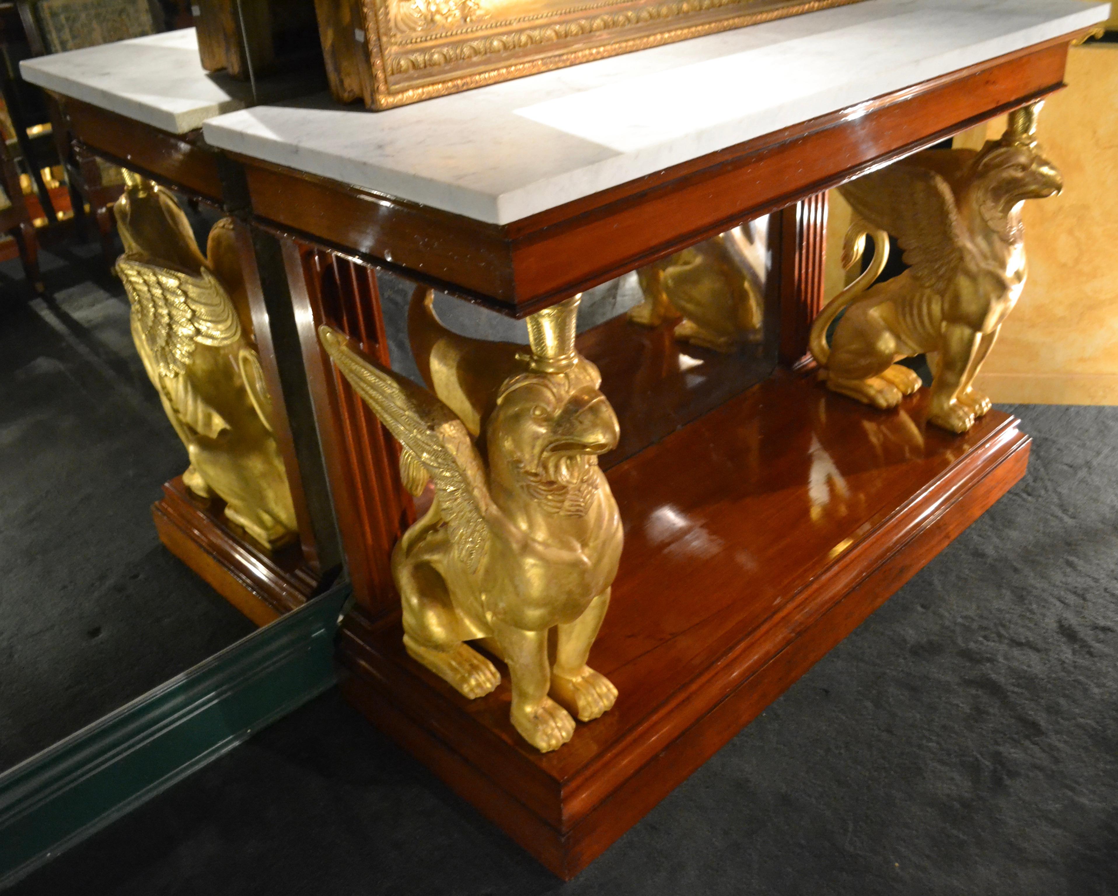 English Regency Gilded Griffin Marble Topped Mahogany Console For Sale 5