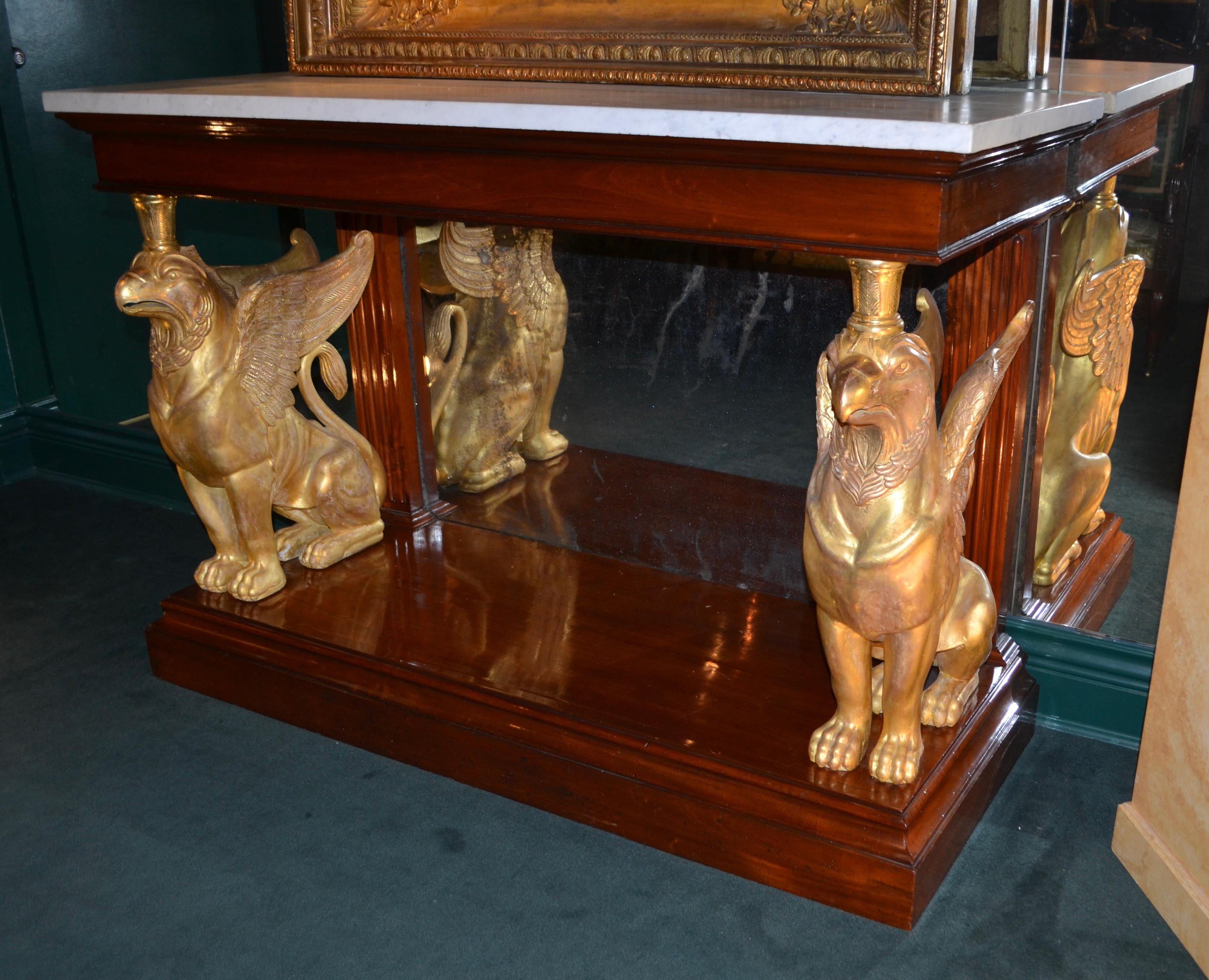 English Regency Gilded Griffin Marble Topped Mahogany Console For Sale 7