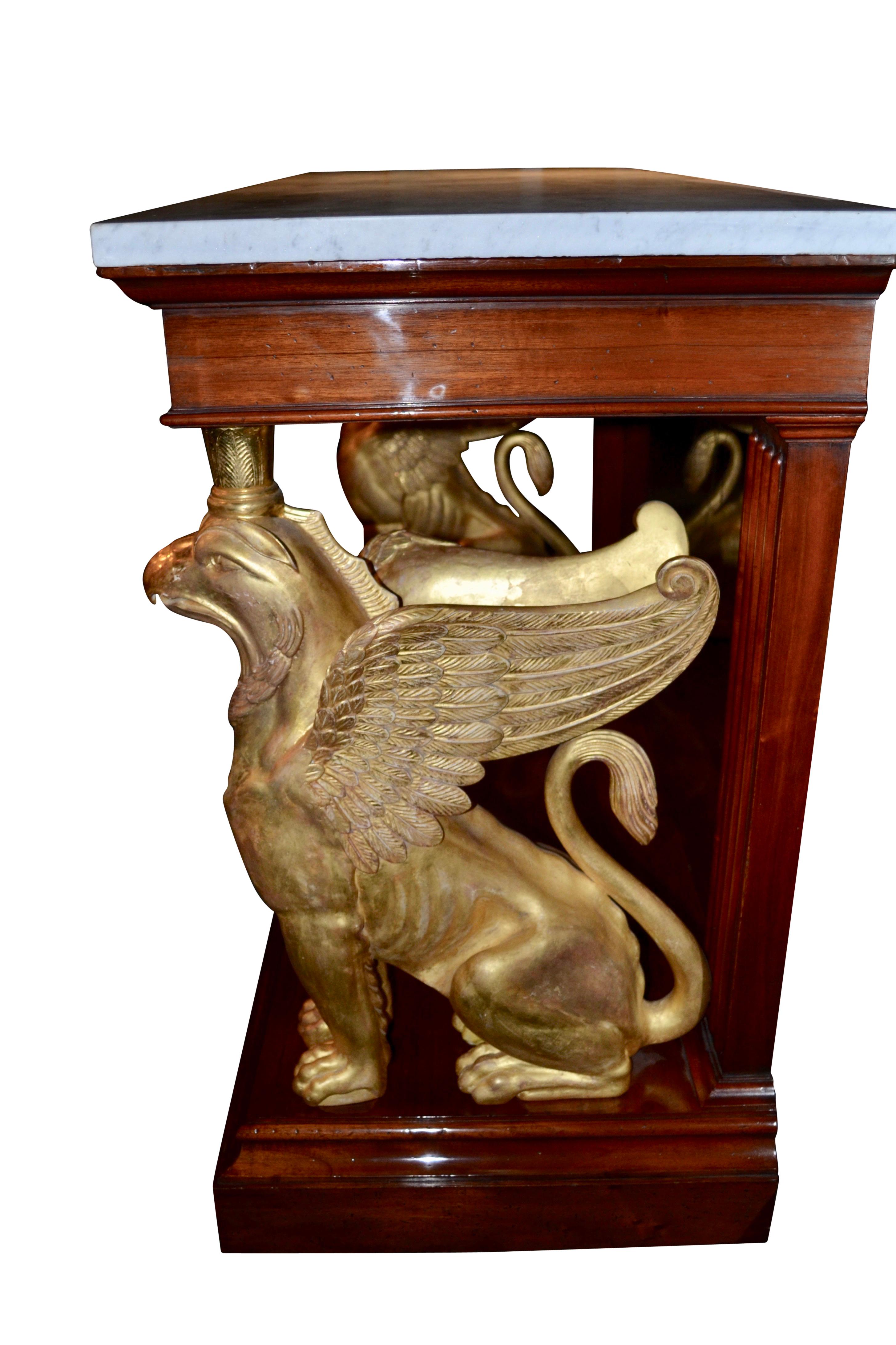 European English Regency Gilded Griffin Marble Topped Mahogany Console For Sale