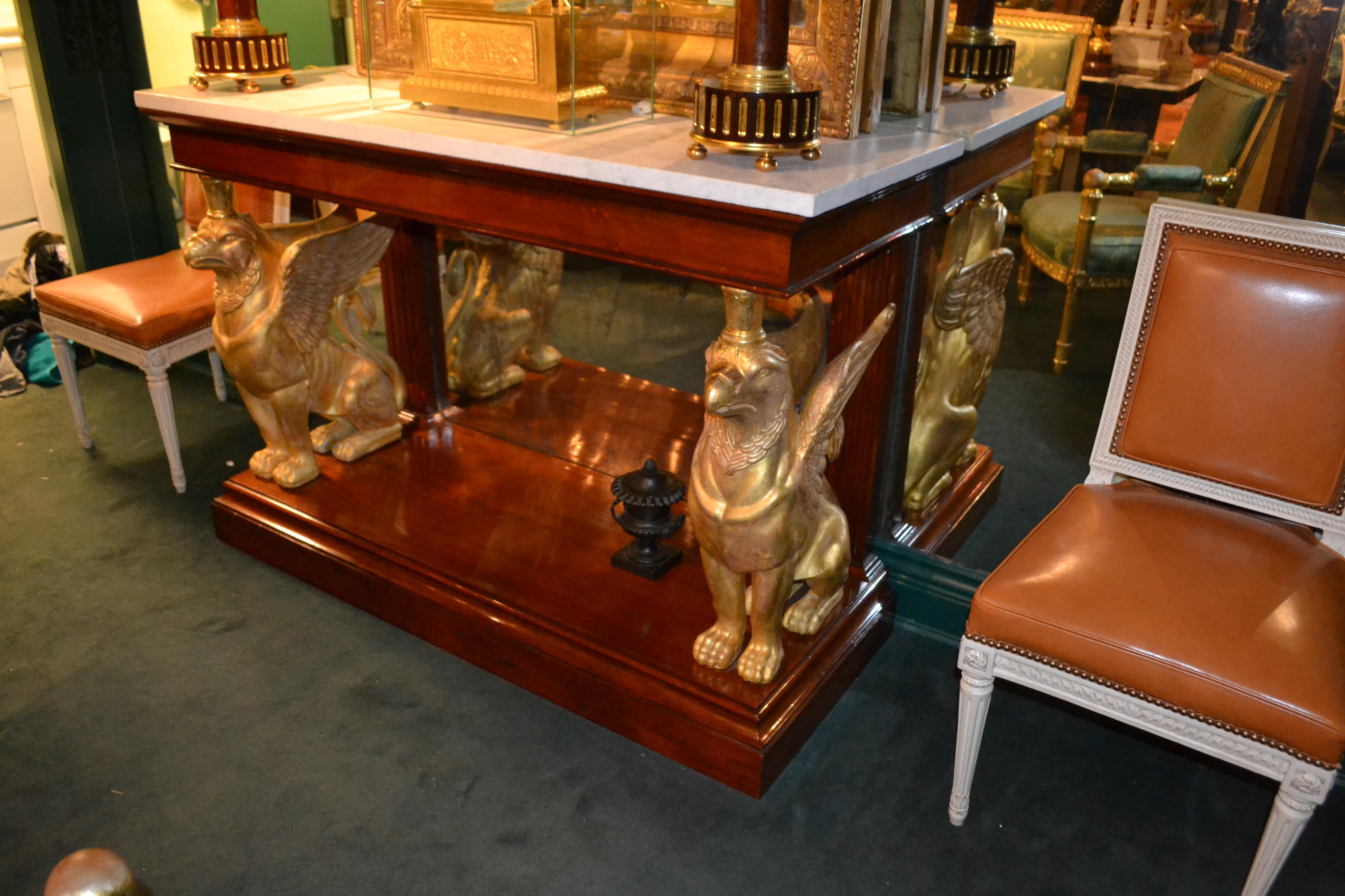 19th Century English Regency Gilded Griffin Marble Topped Mahogany Console For Sale