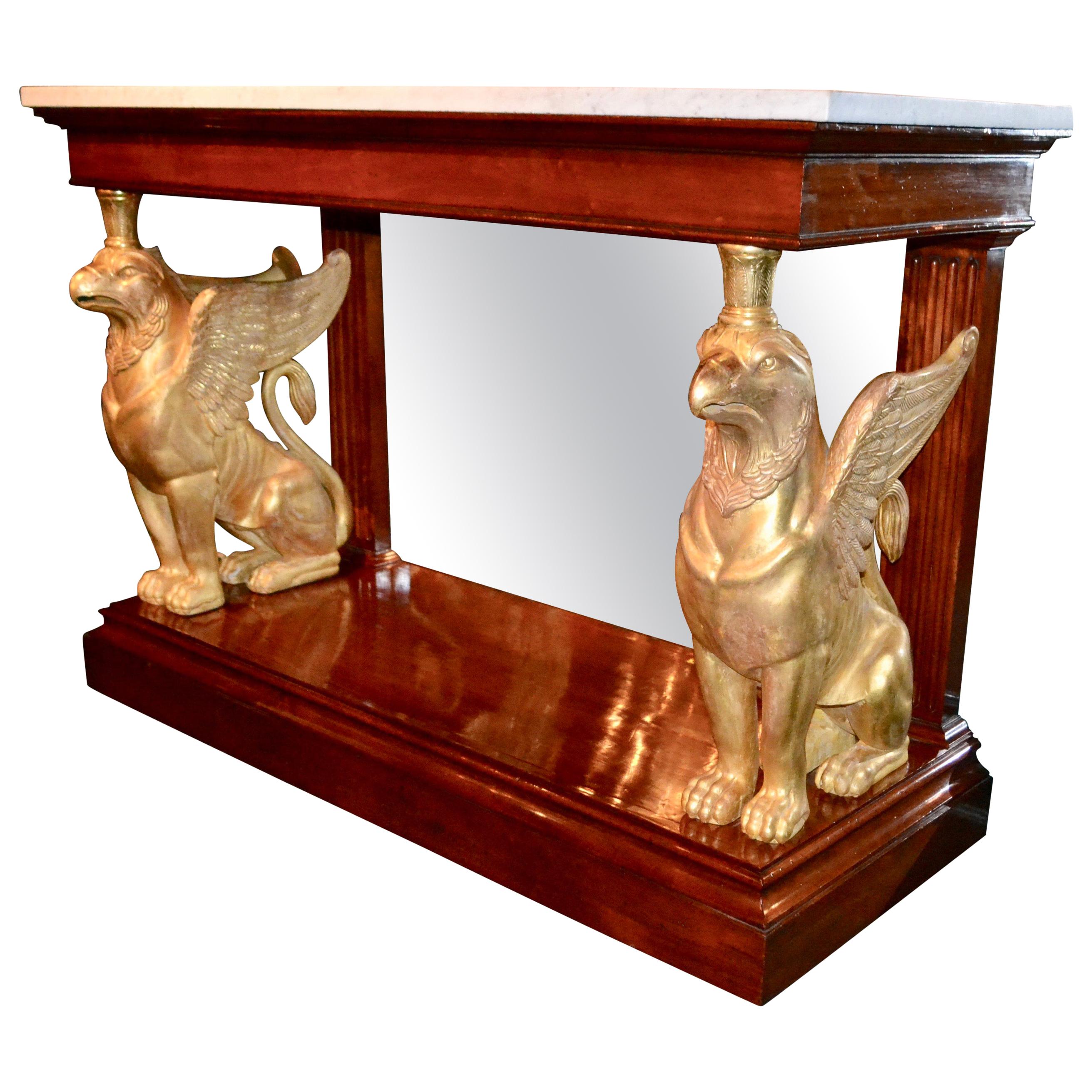 English Regency Gilded Griffin Marble Topped Mahogany Console For Sale