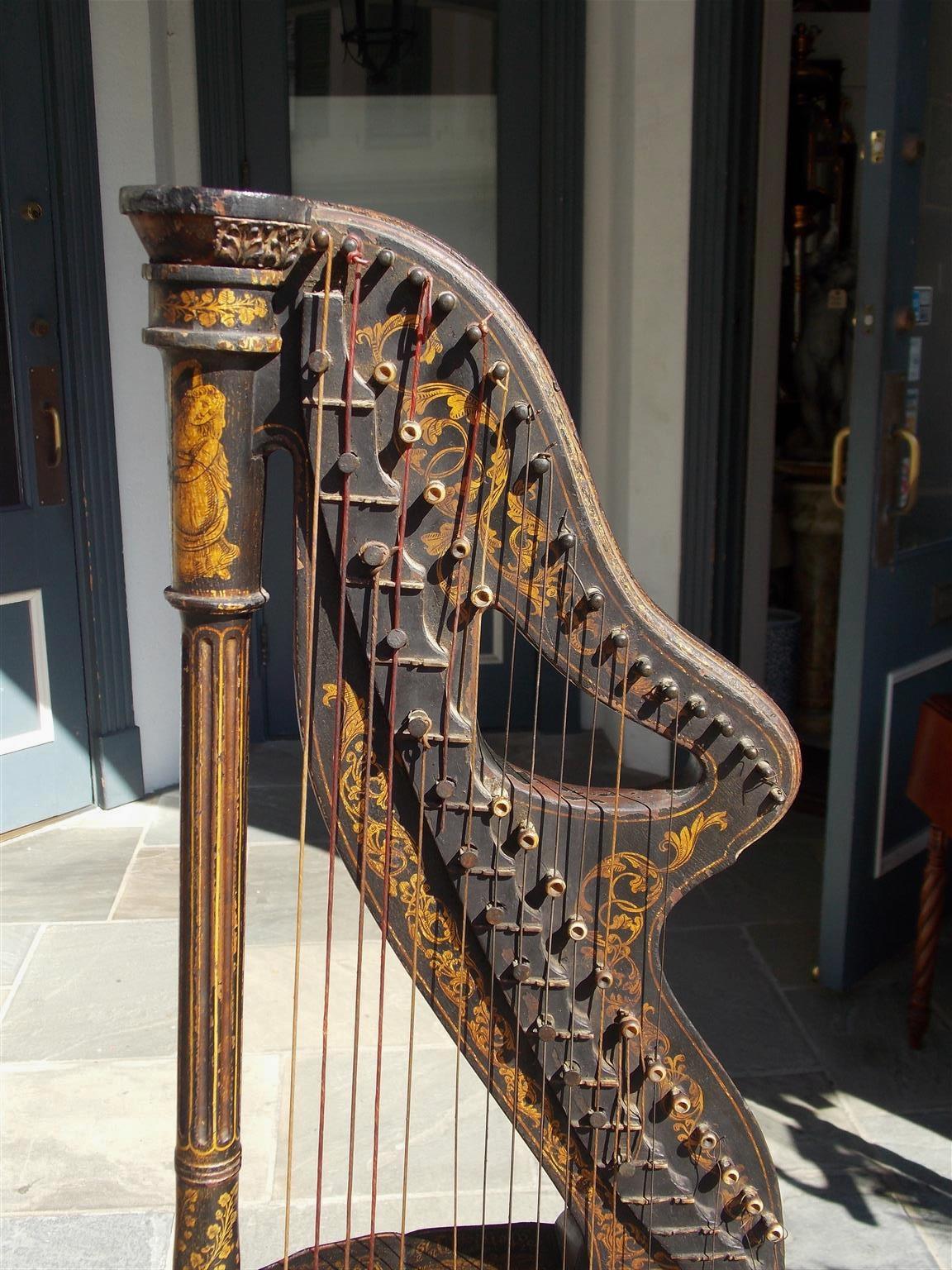 Regency Harpe figurative et ébénisée de style Régence anglaise, fabriquée par E. Light, vers 1815 en vente