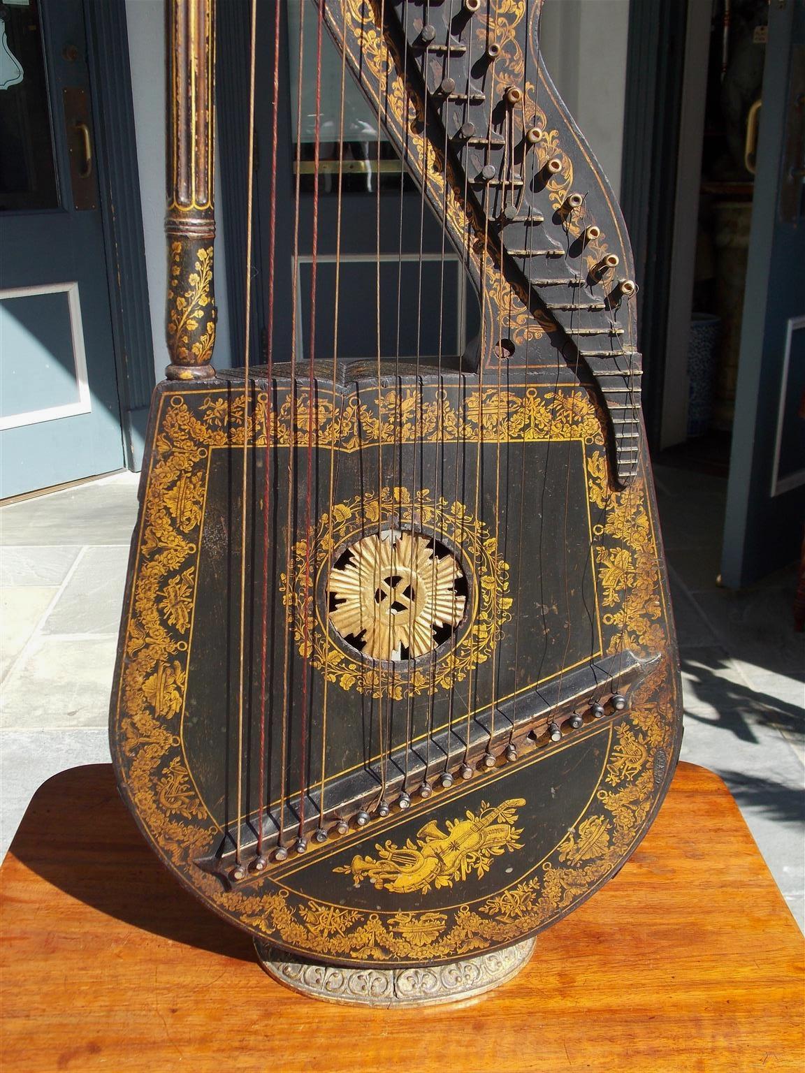 Hand-Crafted English Regency Gilt Figural and Ebonized Dital Harp, Maker E. Light, Circa 1815 For Sale