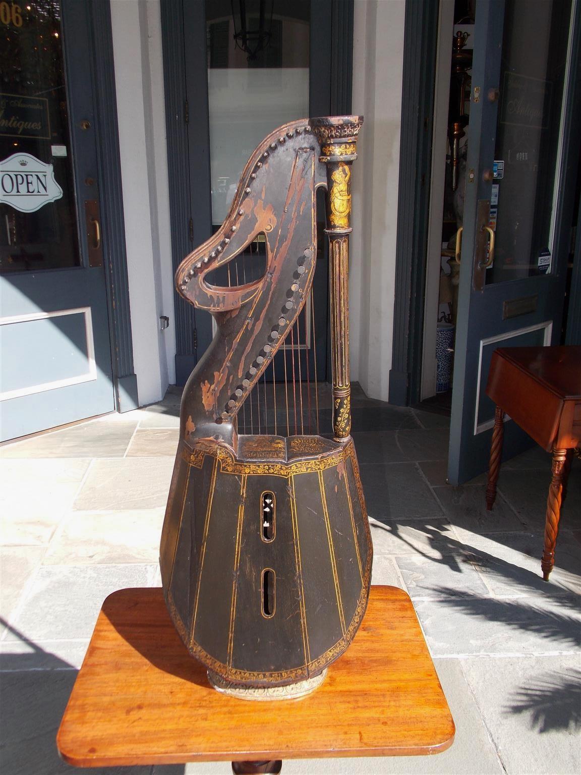 English Regency Gilt Figural and Ebonized Dital Harp, Maker E. Light, Circa 1815 In Good Condition For Sale In Hollywood, SC