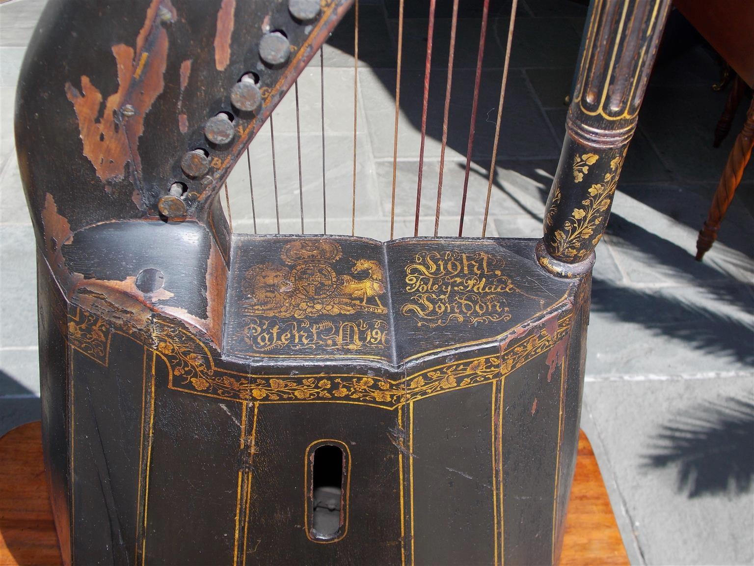 Wood English Regency Gilt Figural and Ebonized Dital Harp, Maker E. Light, Circa 1815 For Sale
