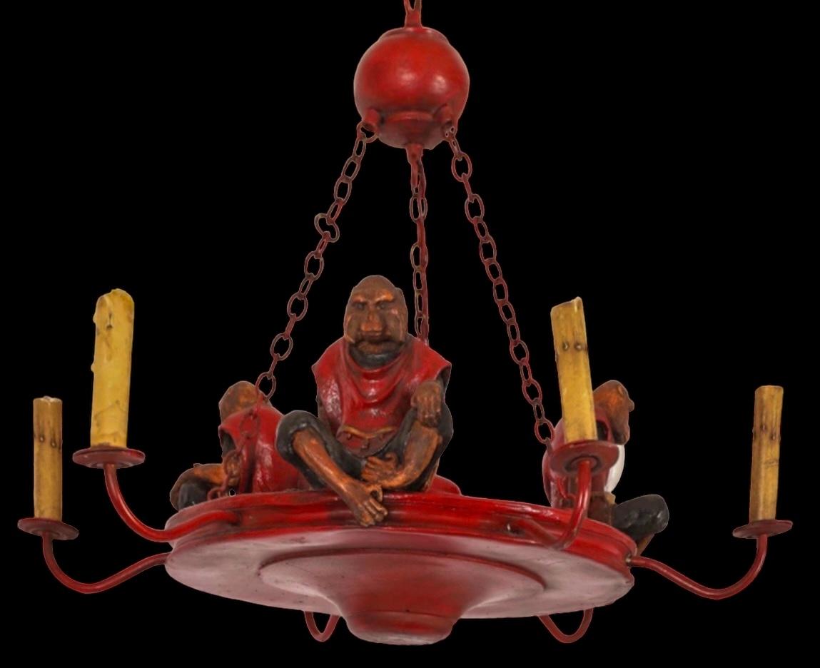American English Regency Hunt Style Tole Monkey Chandelier W/ 6 Arms Att. B. Huebbe