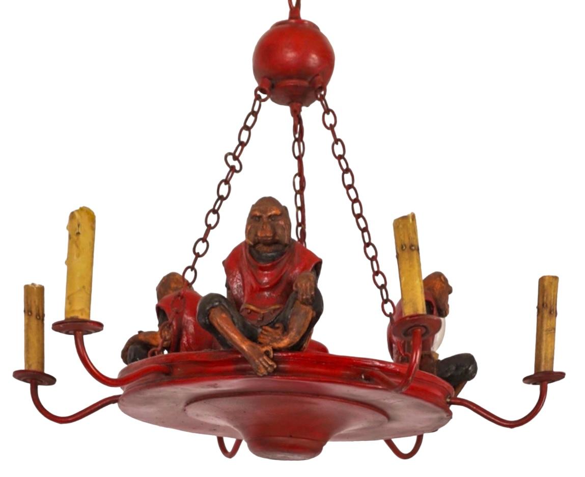 20th Century English Regency Hunt Style Tole Monkey Chandelier W/ 6 Arms Att. B. Huebbe