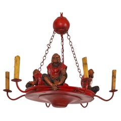 English Regency Hunt Style Tole Monkey Chandelier W/ 6 Arms Att. B. Huebbe