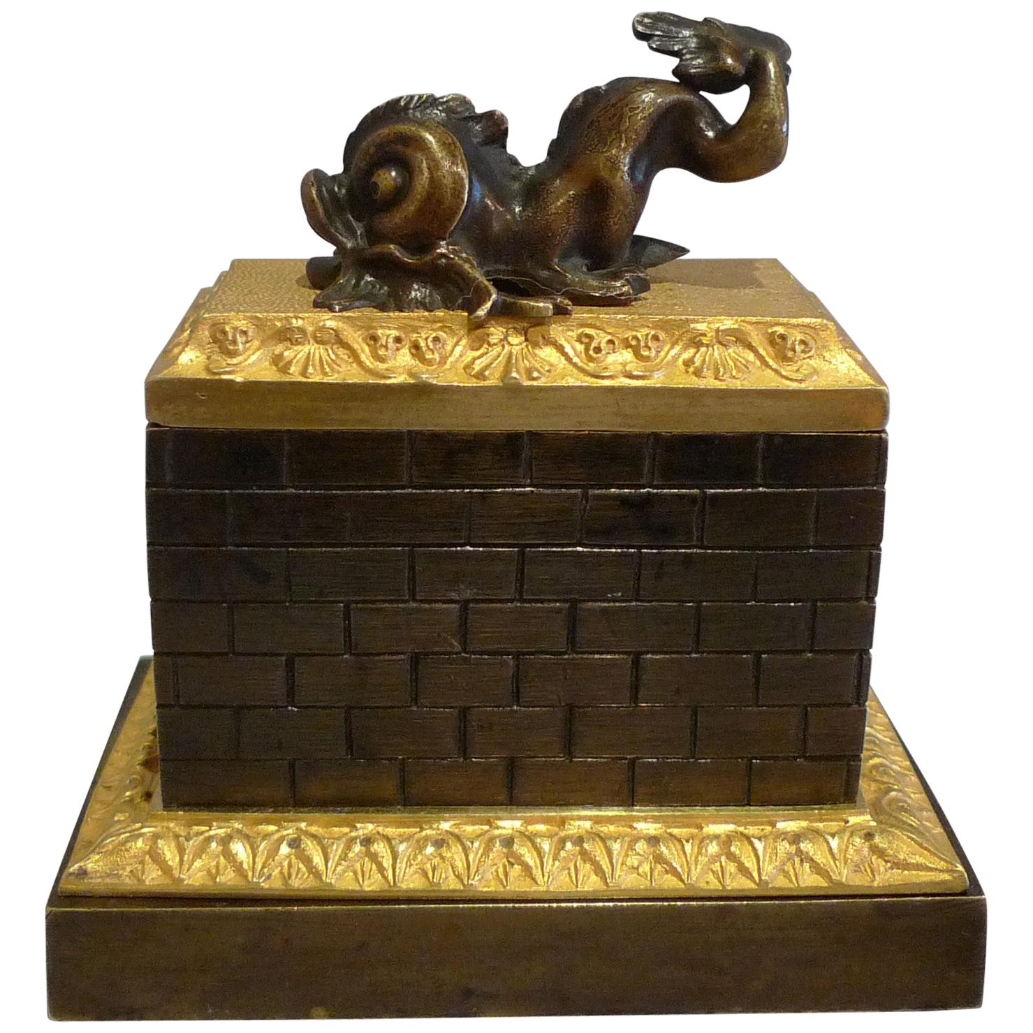 English Regency Inkwell in Patinated Bronze and Ormolu with Dolphin Mount For Sale