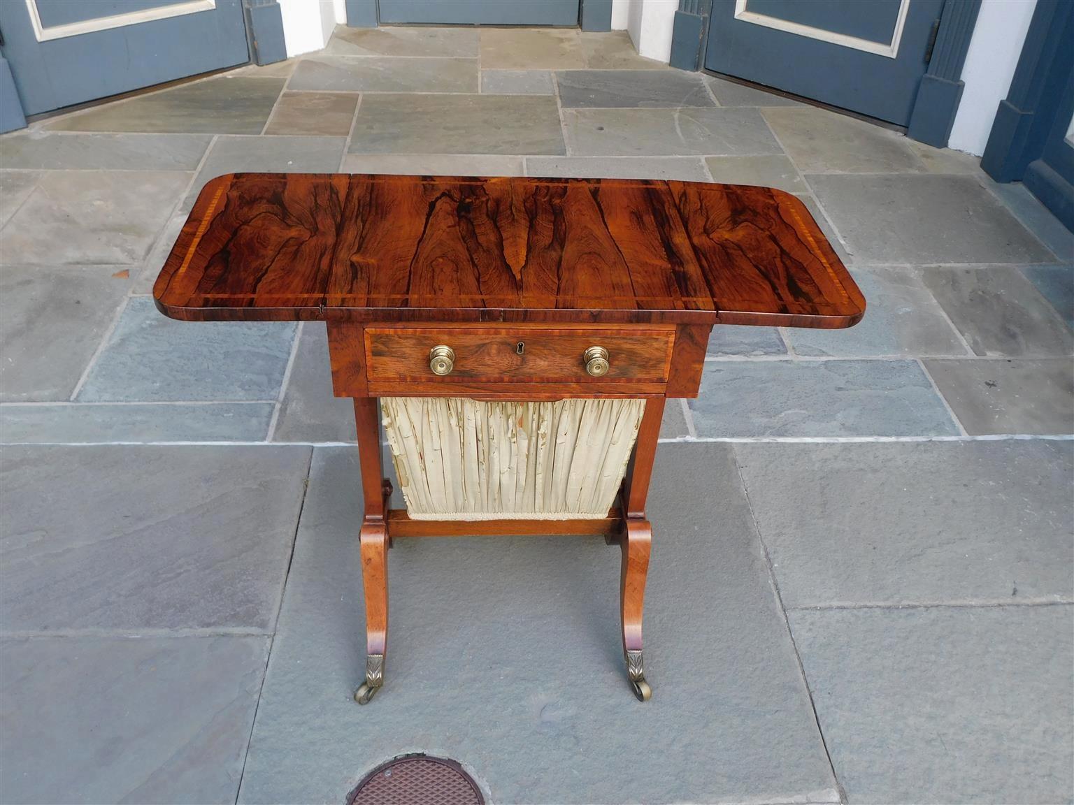 English Regency Kingswood One Drawer Inlaid Sewing Table with Orig. Casters 1810 For Sale 3