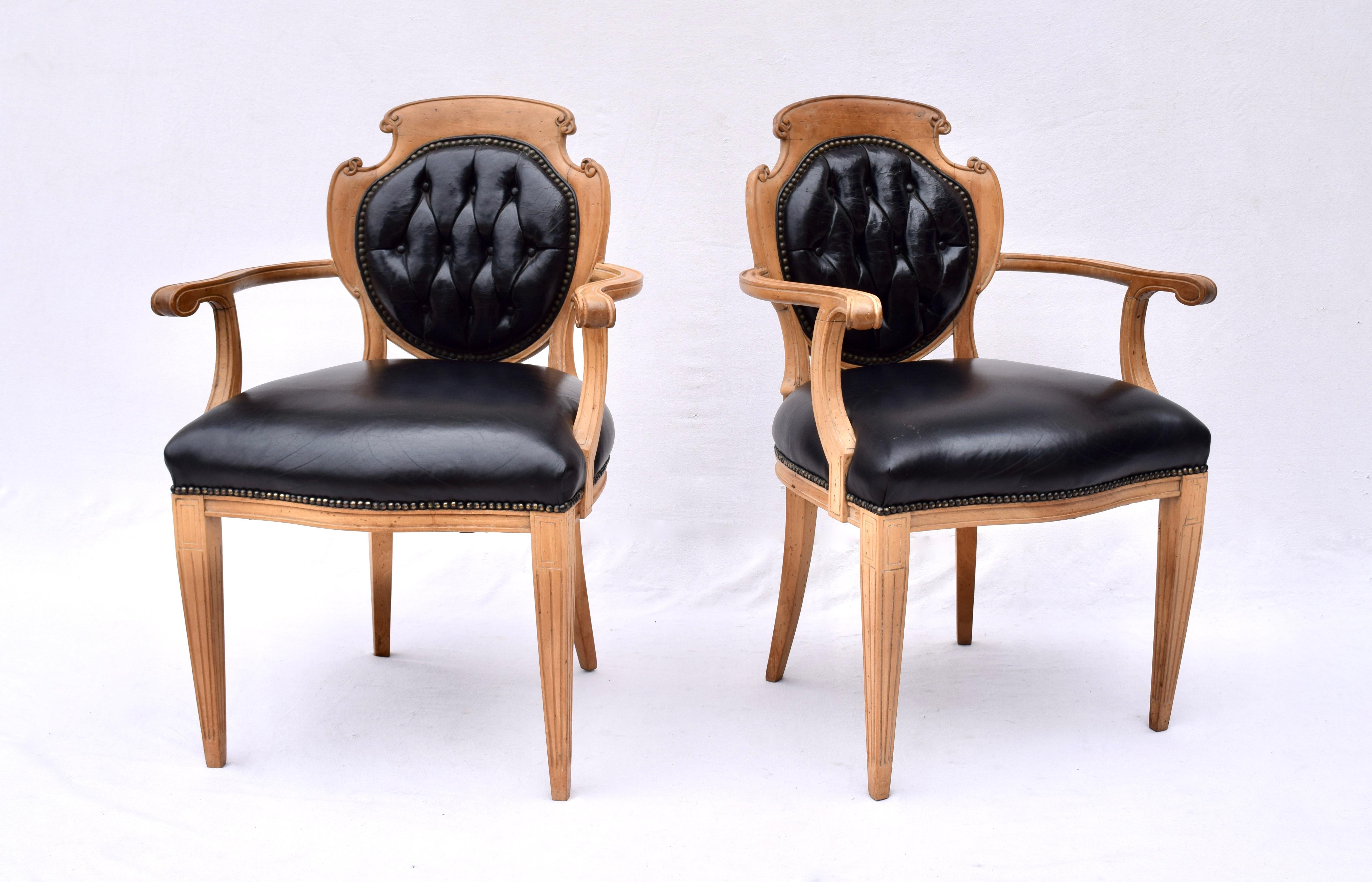 Brass English Regency Leather and Caned Back Dining Chairs