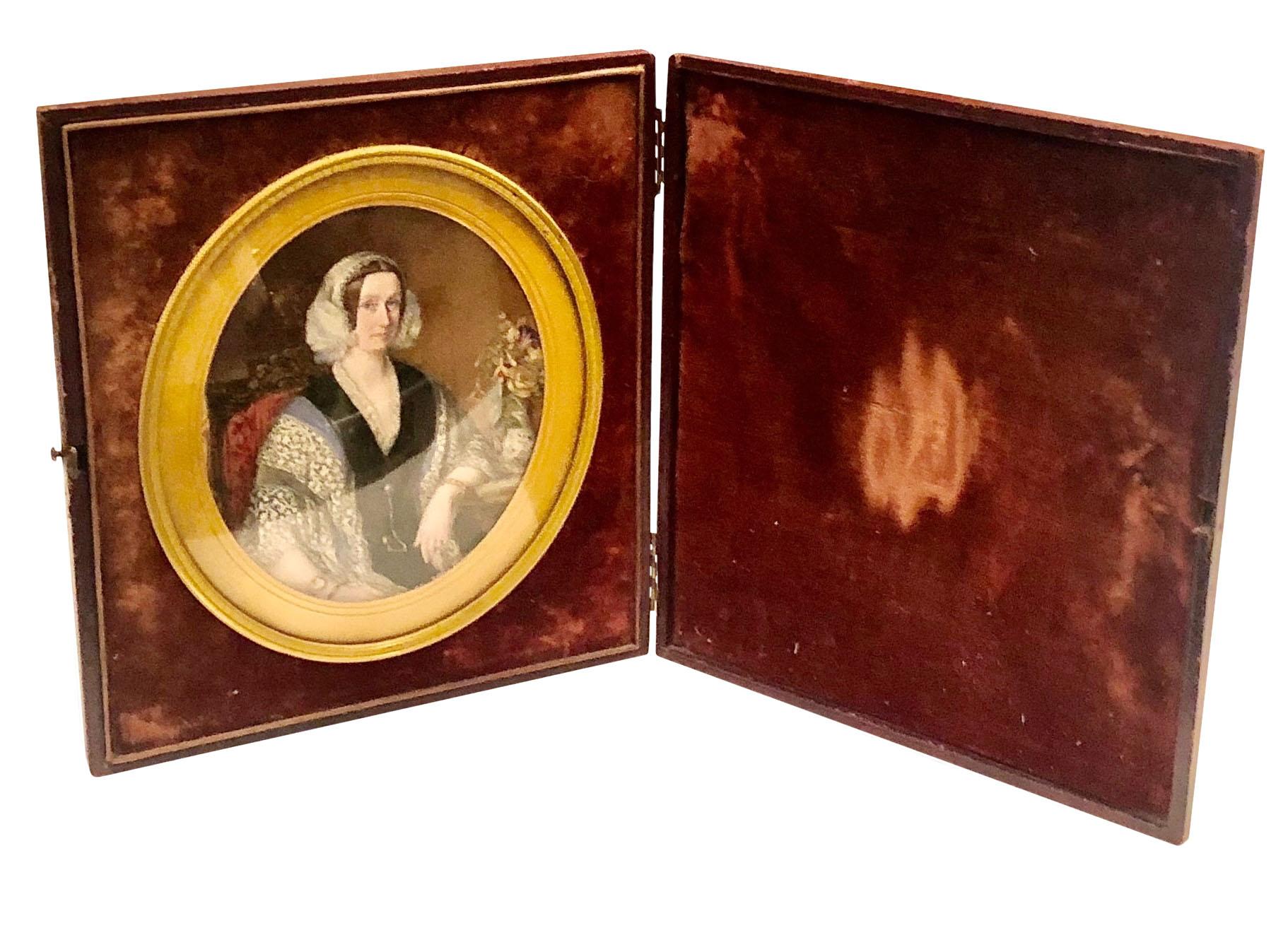 Brass English Regency Leather Portrait Box with Painting on Ivory For Sale