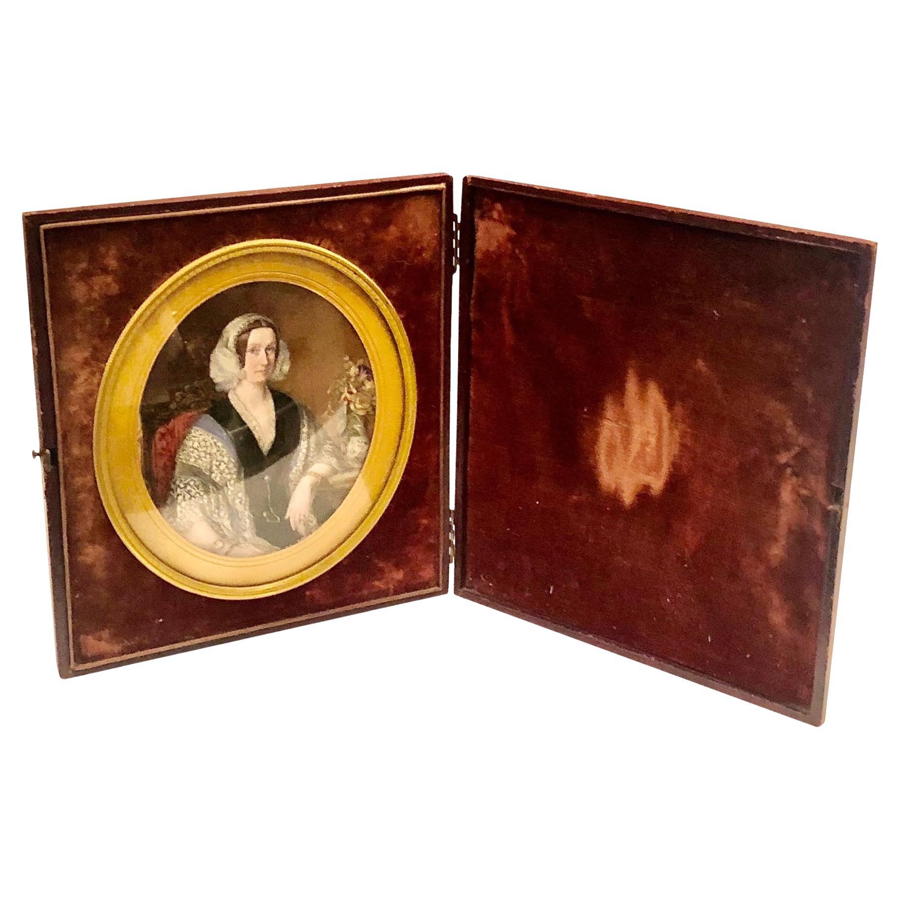 English Regency Leather Portrait Box with Painting on Ivory For Sale
