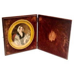 Antique English Regency Leather Portrait Box with Painting on Ivory