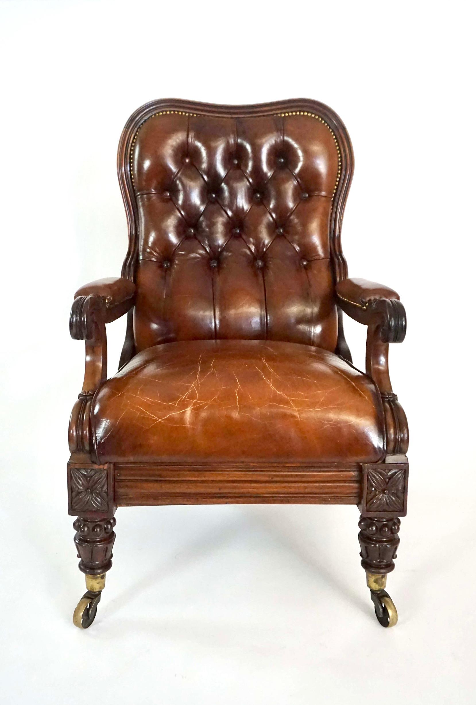 British Regency Leather Upholstered Mahogany Reclining Armchair, circa 1830 For Sale