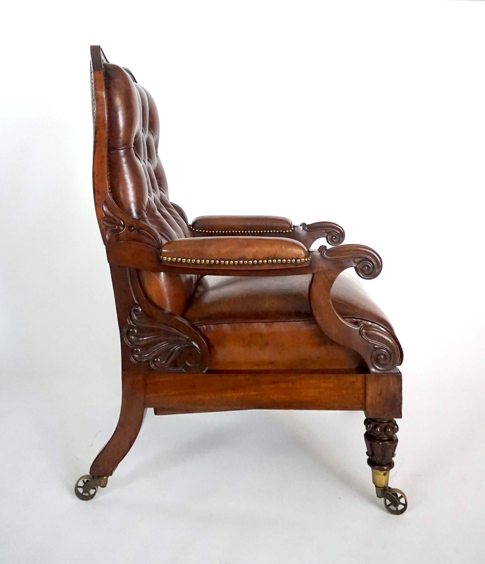 Hand-Carved Regency Leather Upholstered Mahogany Reclining Armchair, circa 1830 For Sale