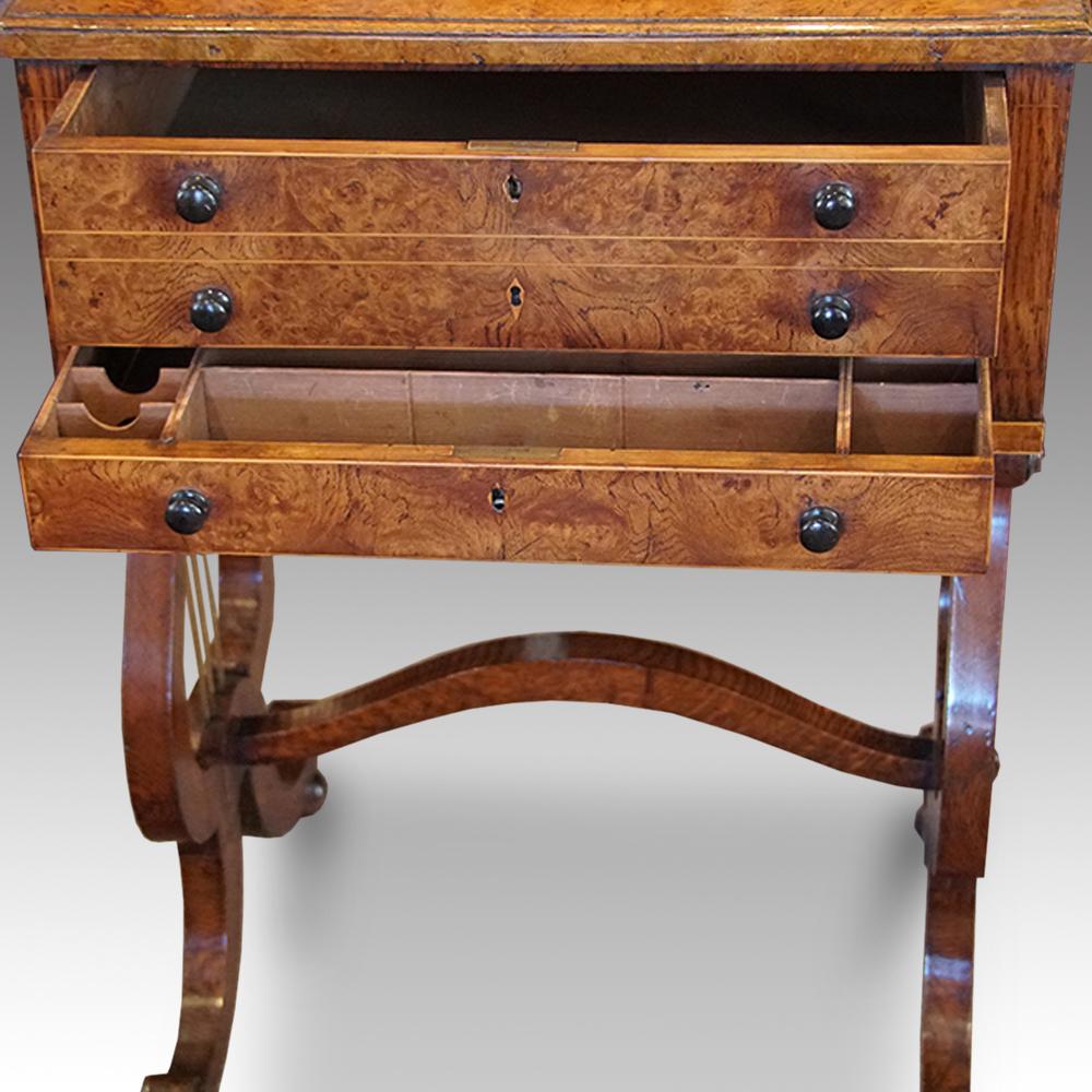 Early 19th Century English Regency Lyre Ended Pollard Oak Worktable, circa 1815 For Sale