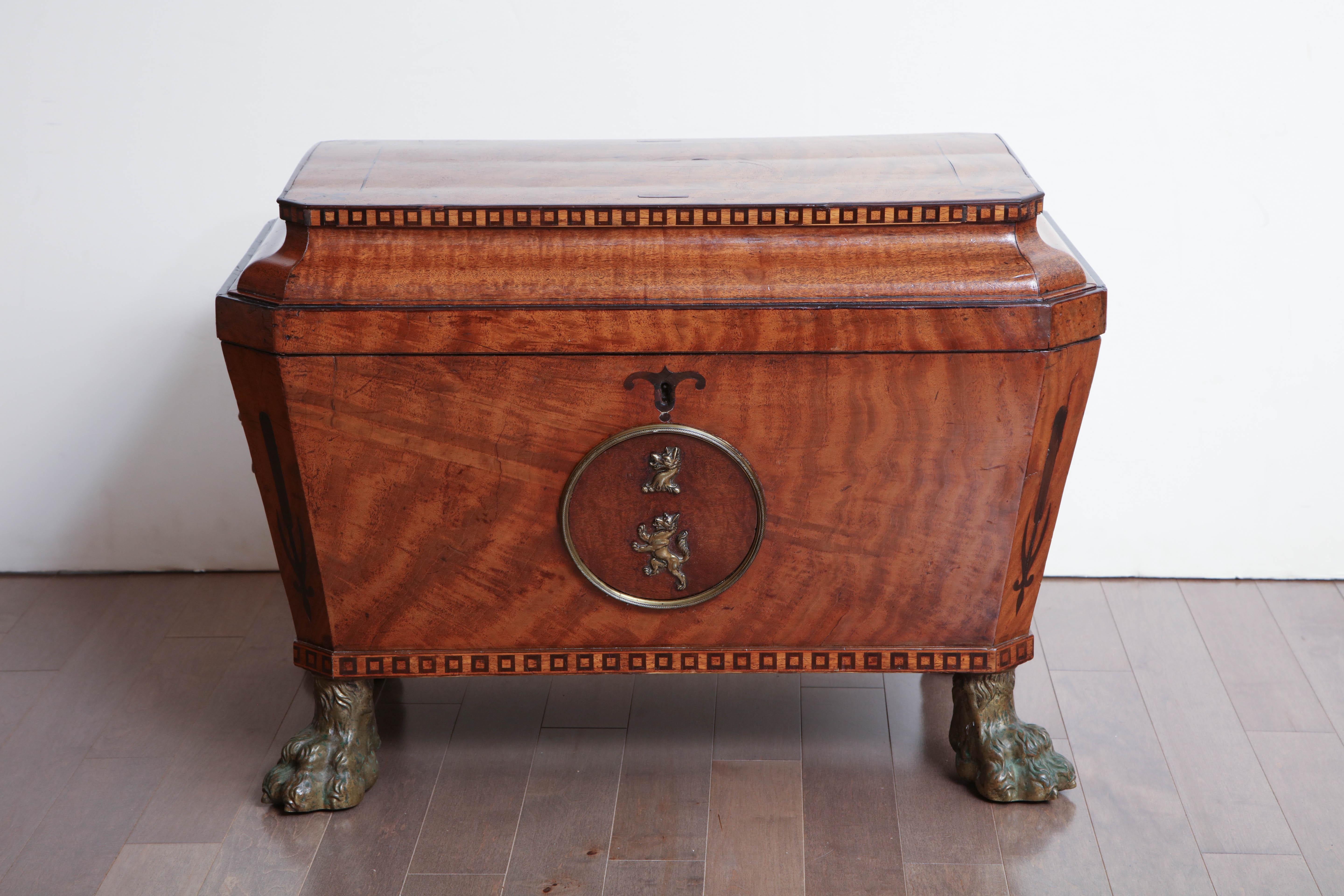 English Regency, mahogany and bronze-mounted cellarette with removable zinc liner.