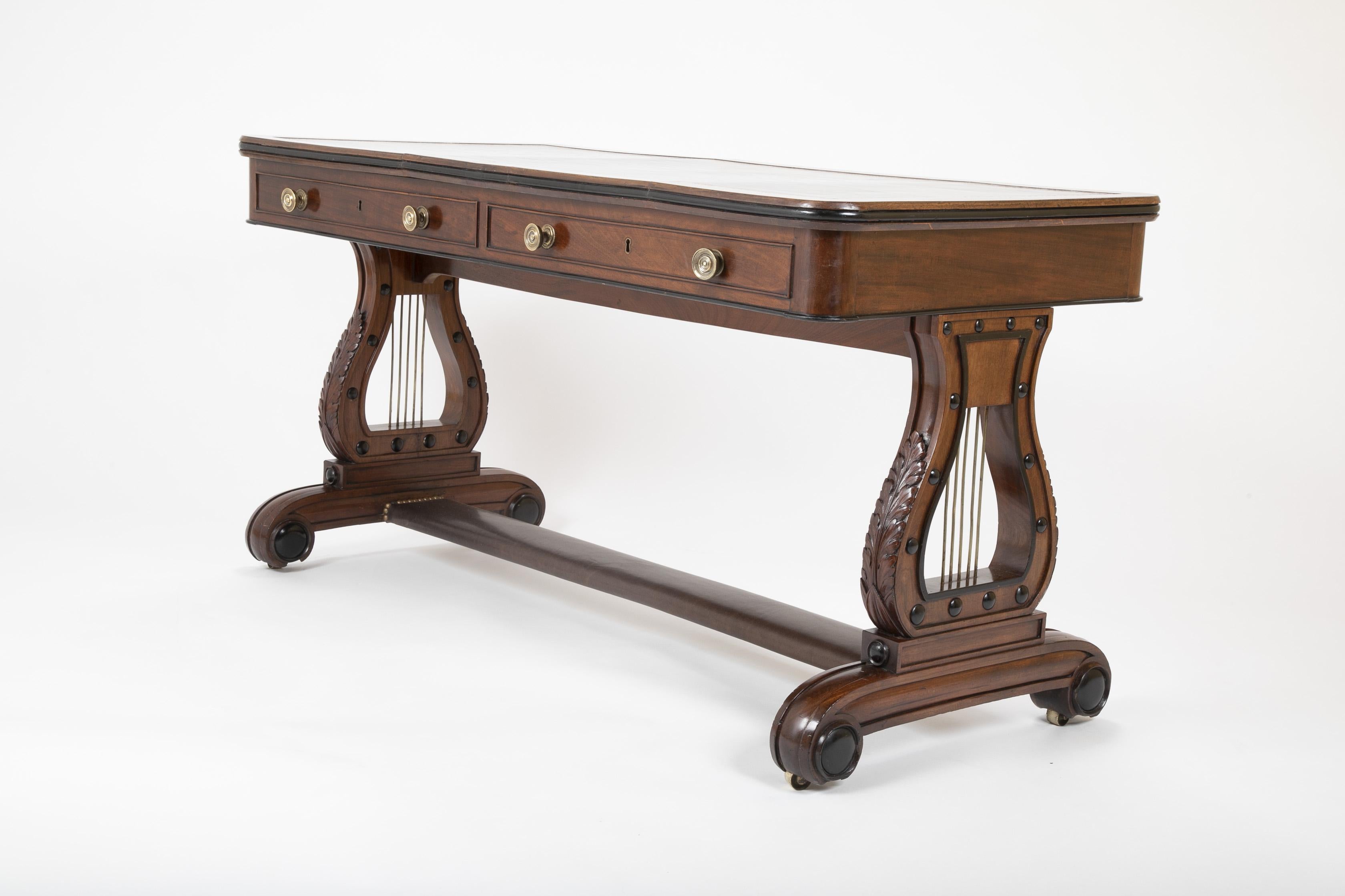 English Regency Mahogany and Ebonized Wood Lyre-End Sofa / Writing Table For Sale 11