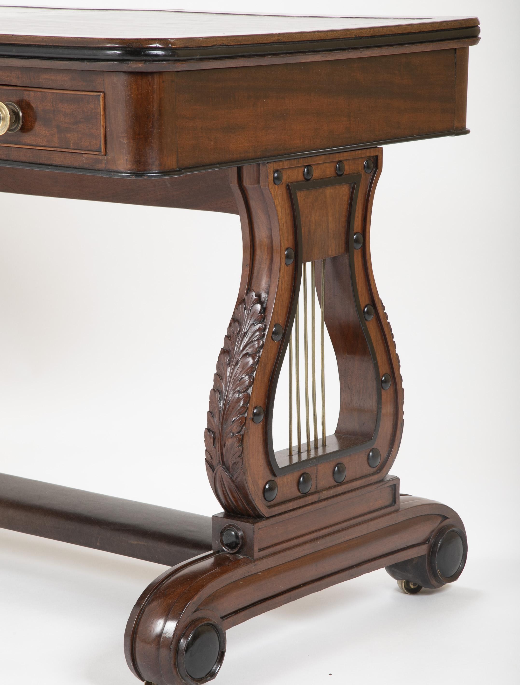 Leather English Regency Mahogany and Ebonized Wood Lyre-End Sofa / Writing Table For Sale