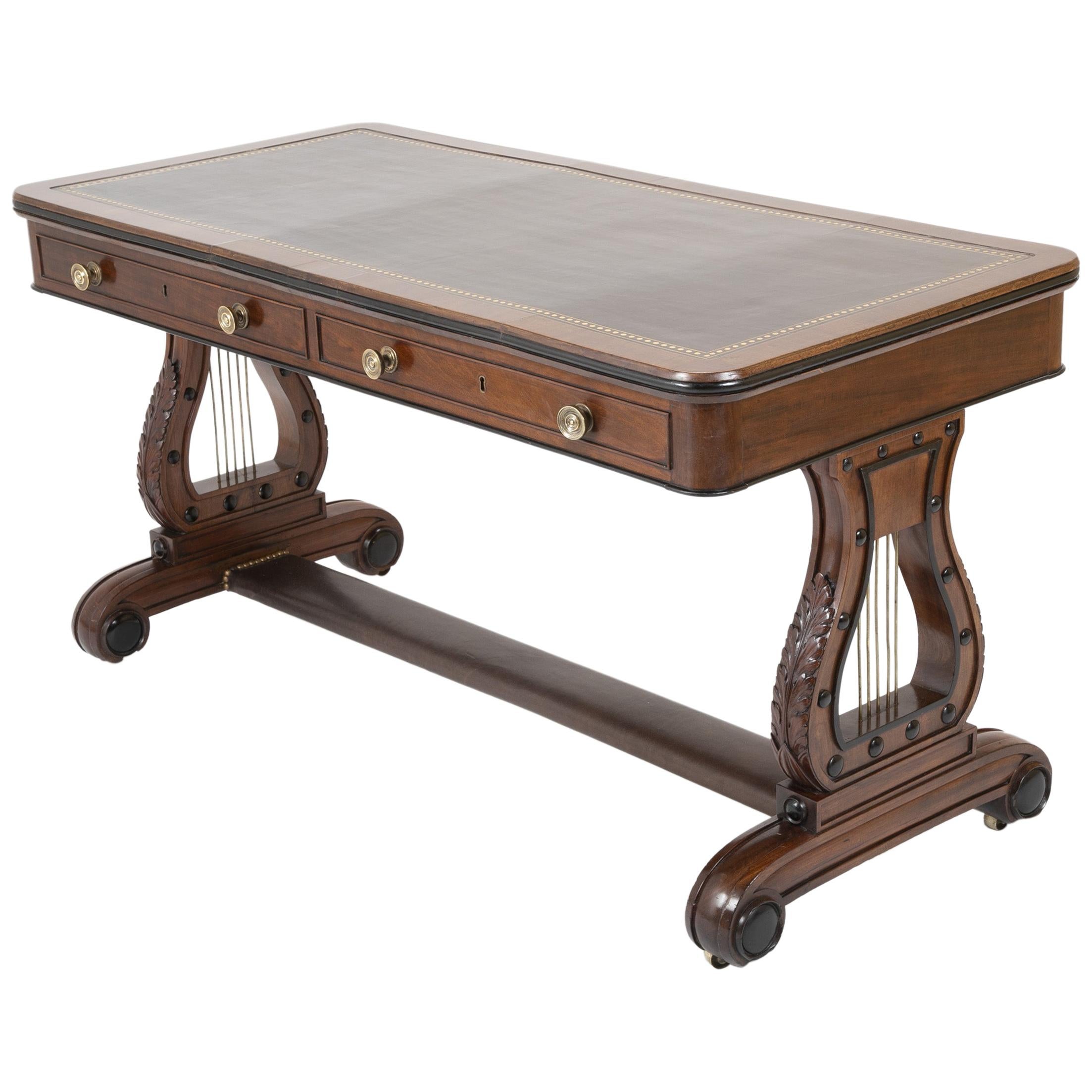 English Regency Mahogany and Ebonized Wood Lyre-End Sofa / Writing Table For Sale