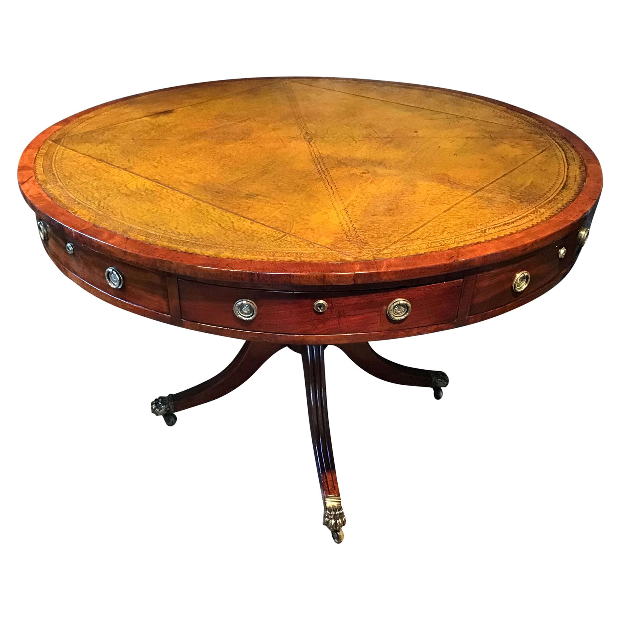 English Regency Mahogany and Leather Drum Table For Sale
