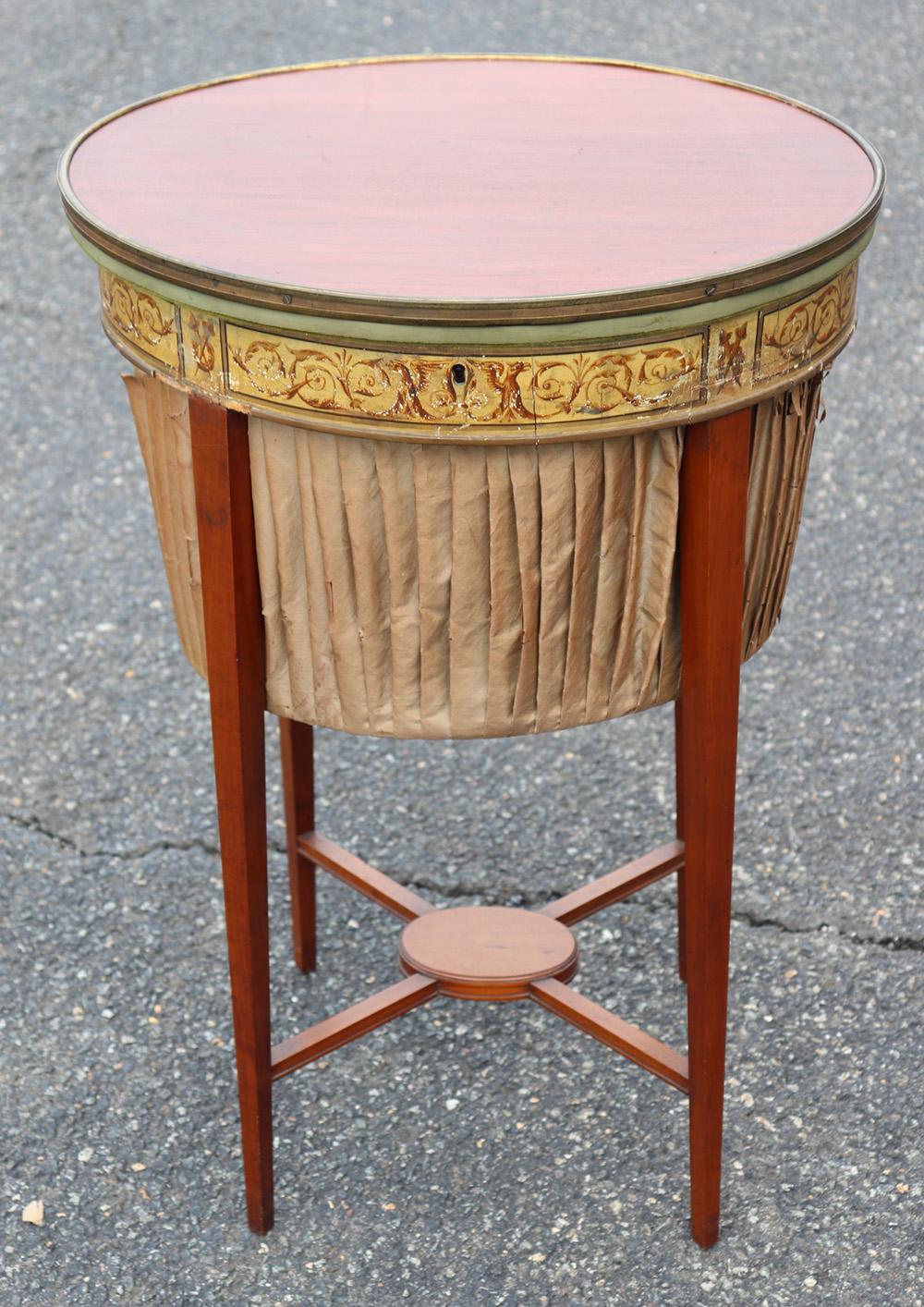 Early 20th Century English Regency Mahogany and Satinwood Sewing Stand with Silk Basket C1890