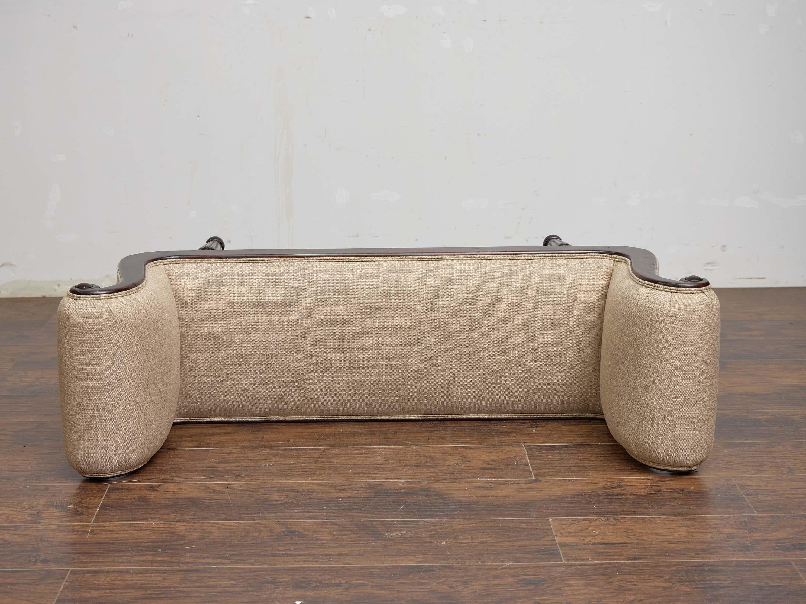 English Regency Mahogany Bench with Scroll Arms and Upholstered Seat For Sale 4