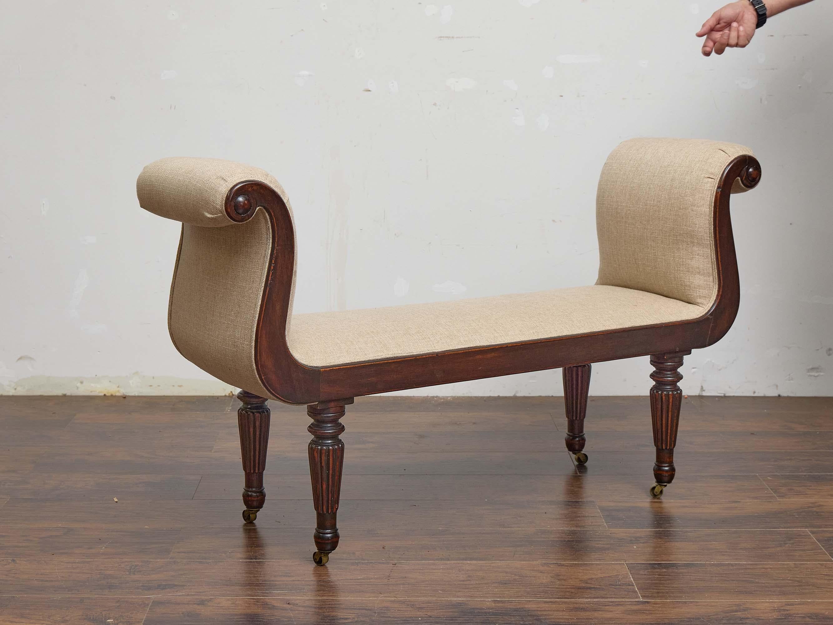 Turned English Regency Mahogany Bench with Scroll Arms and Upholstered Seat For Sale