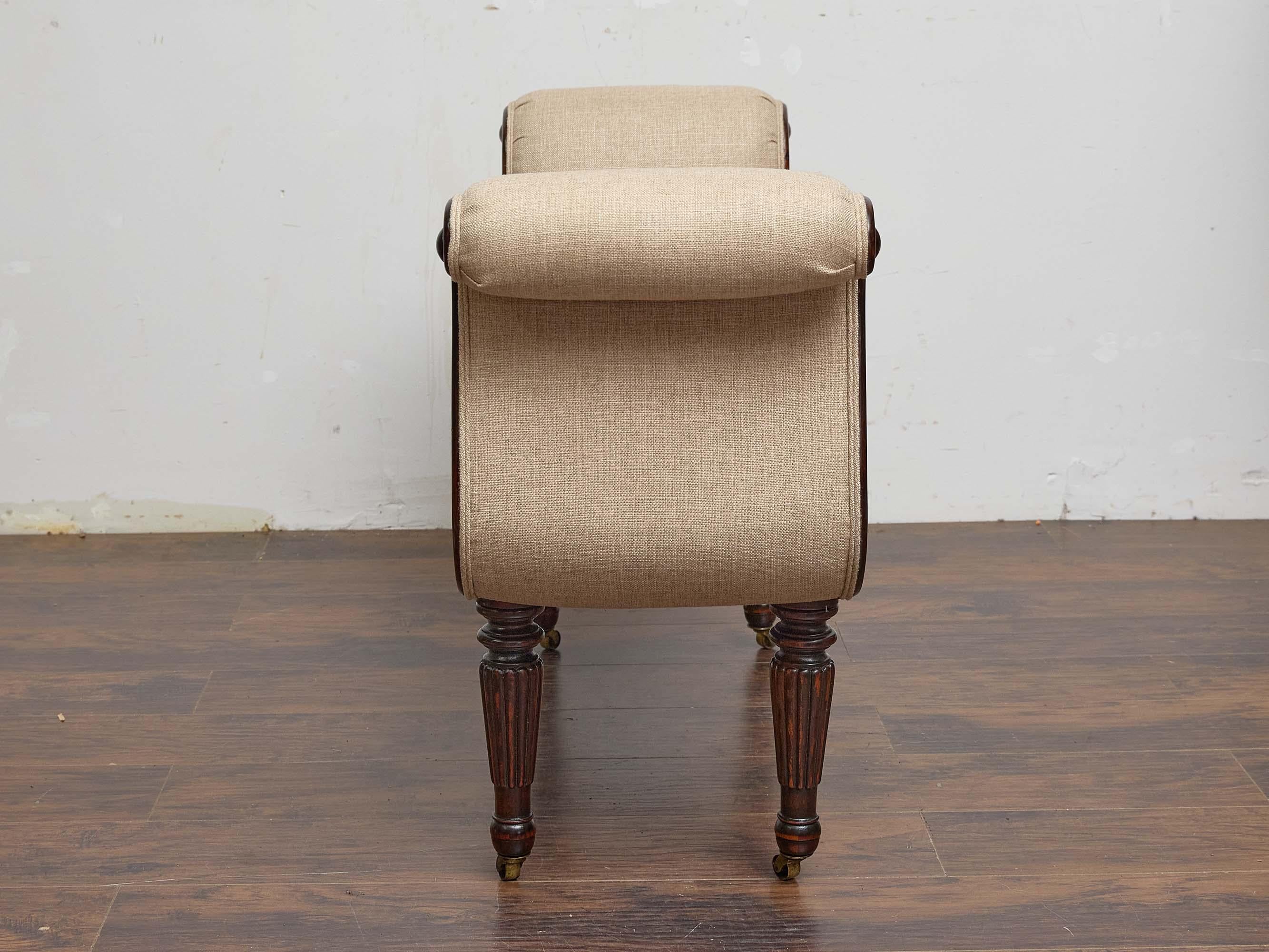 English Regency Mahogany Bench with Scroll Arms and Upholstered Seat In Good Condition For Sale In Atlanta, GA