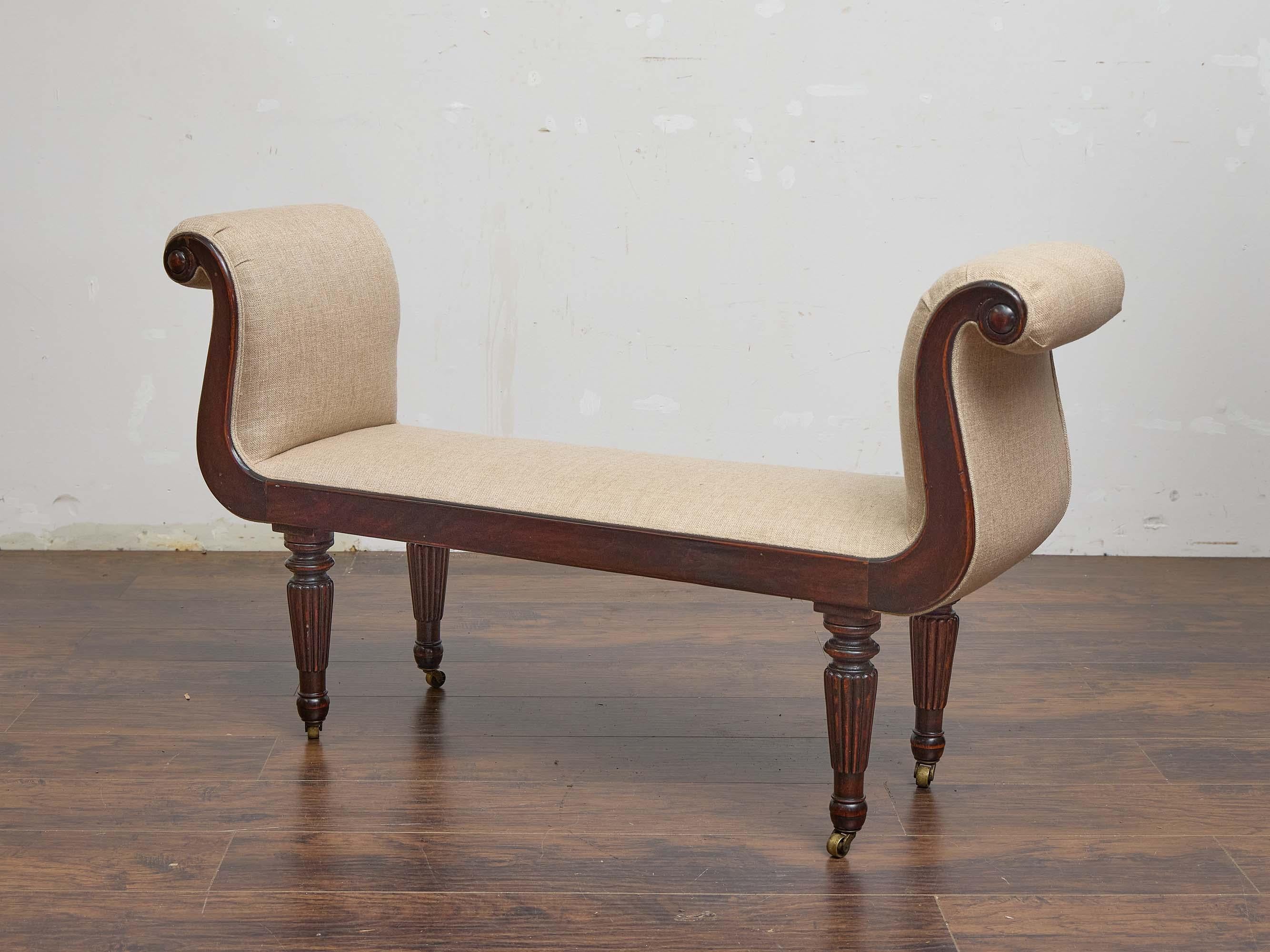 19th Century English Regency Mahogany Bench with Scroll Arms and Upholstered Seat For Sale