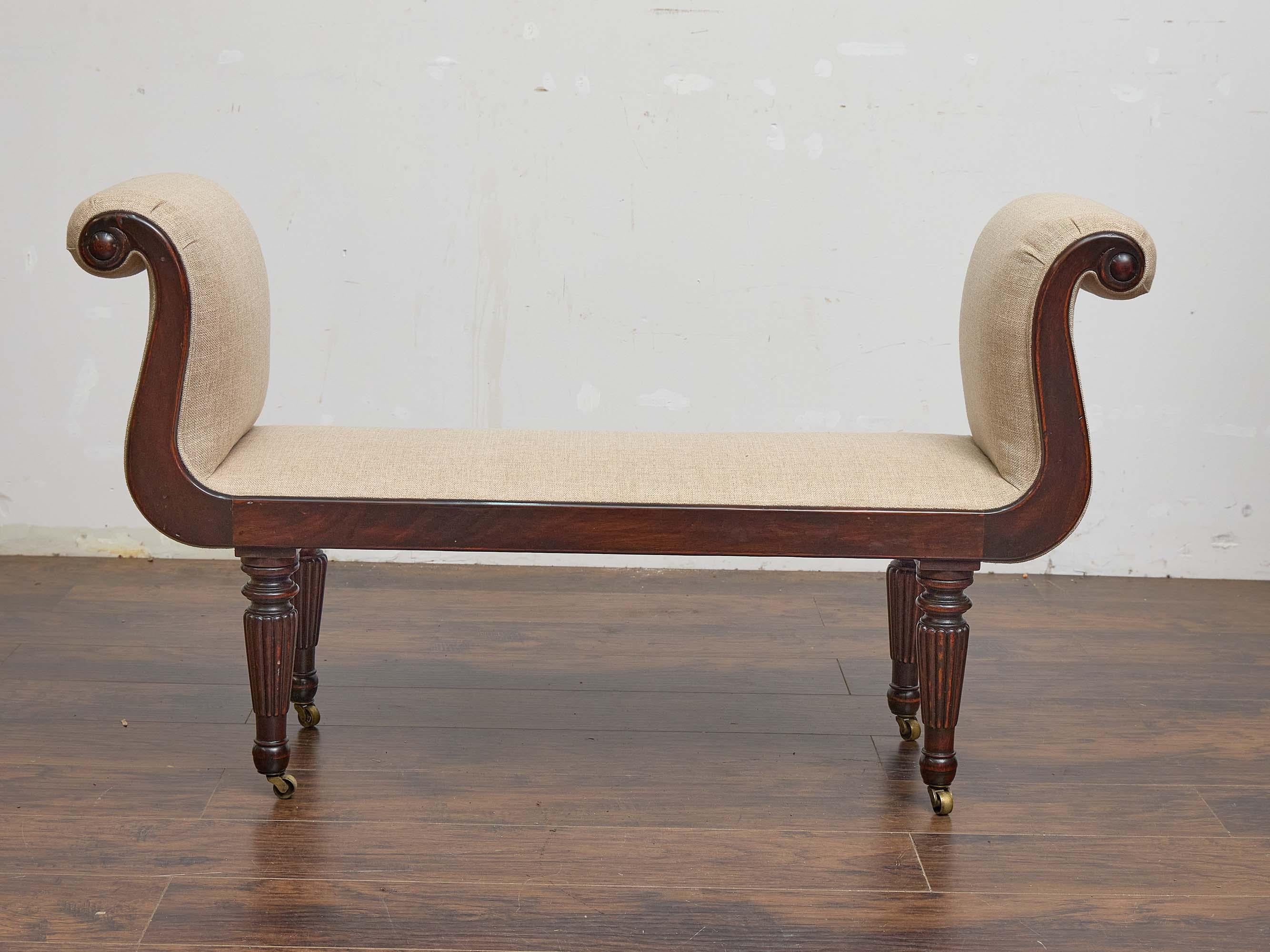 Brass English Regency Mahogany Bench with Scroll Arms and Upholstered Seat For Sale
