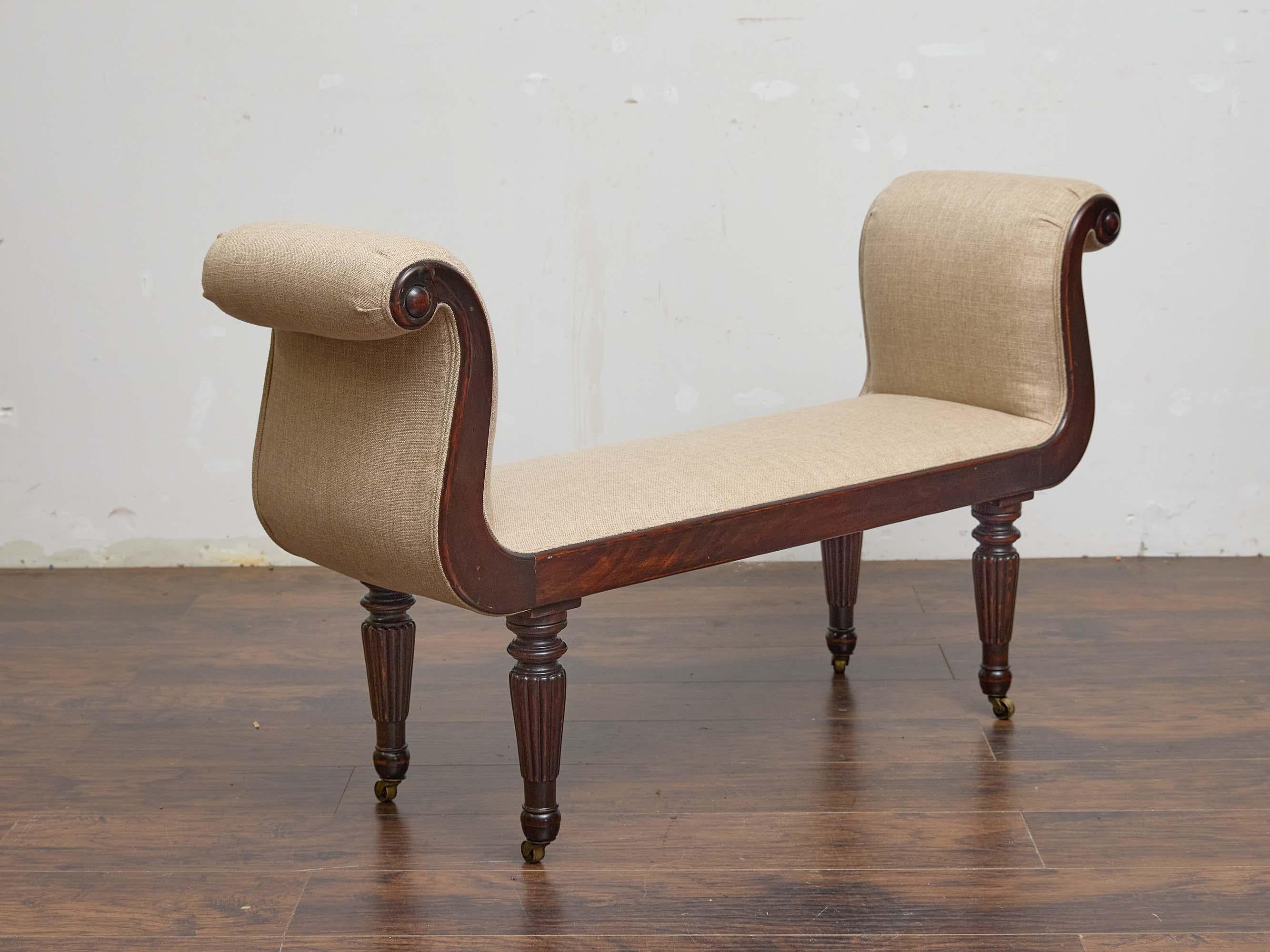 English Regency Mahogany Bench with Scroll Arms and Upholstered Seat For Sale 1
