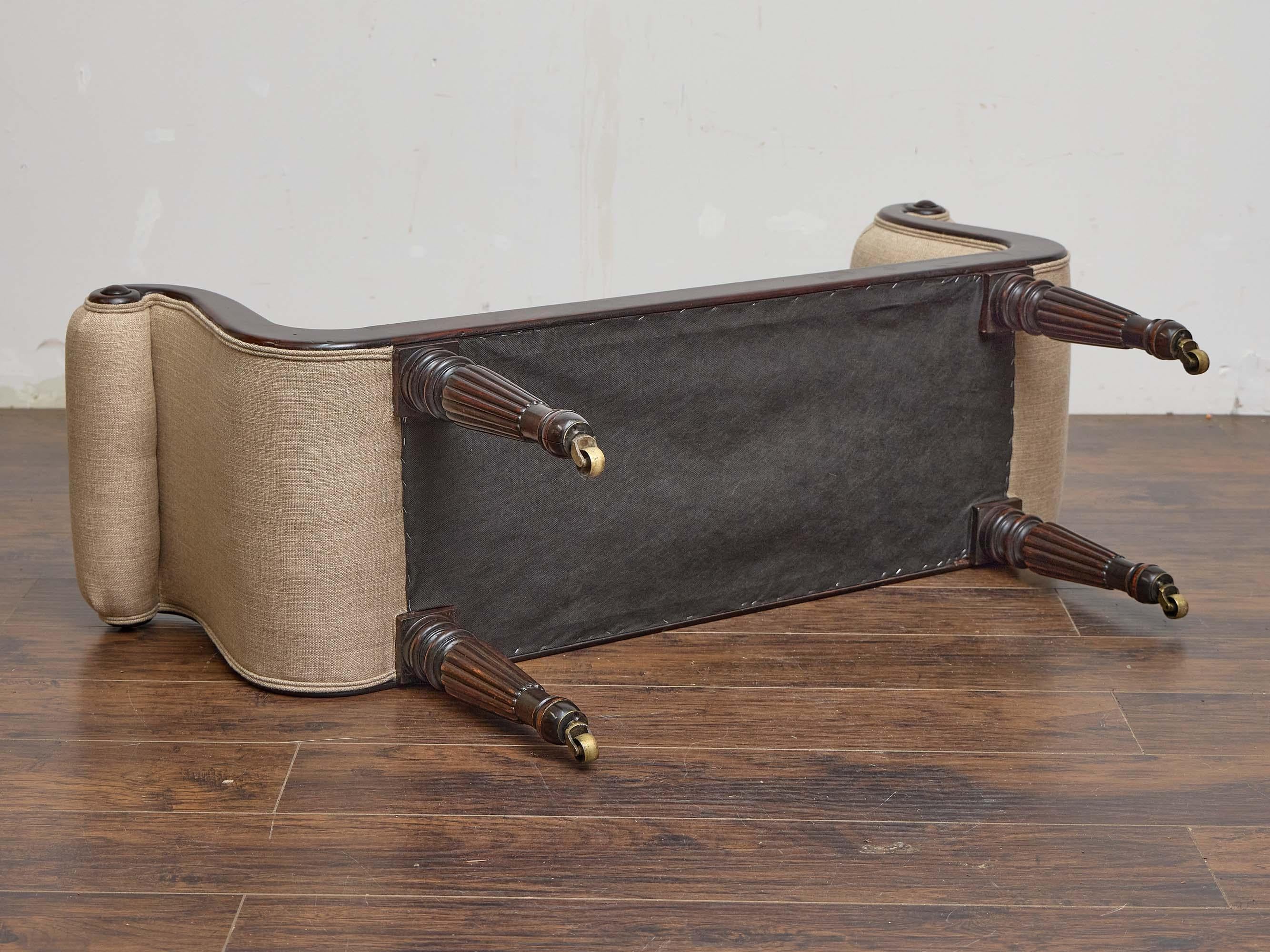 English Regency Mahogany Bench with Scroll Arms and Upholstered Seat For Sale 2