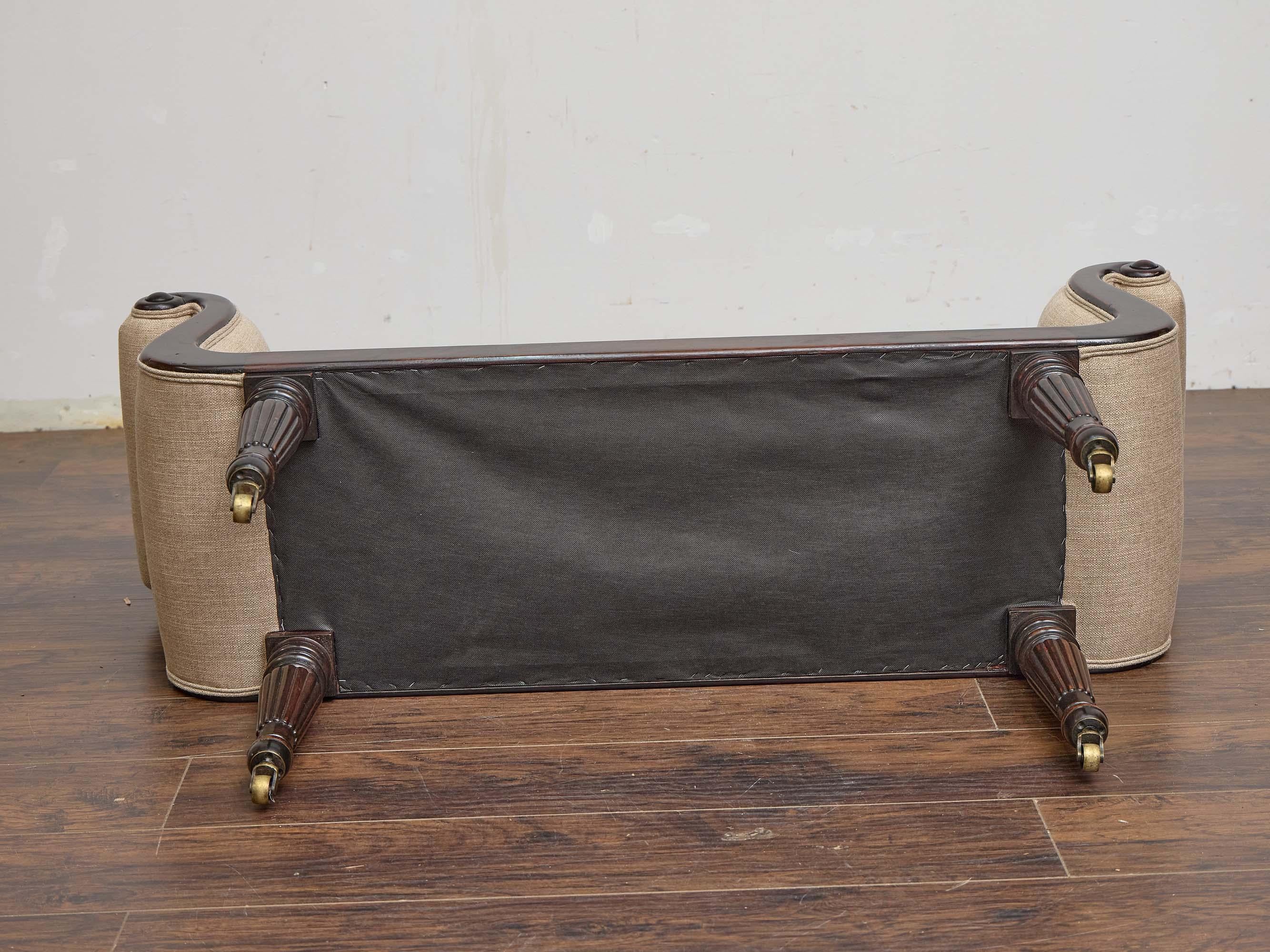 English Regency Mahogany Bench with Scroll Arms and Upholstered Seat For Sale 3