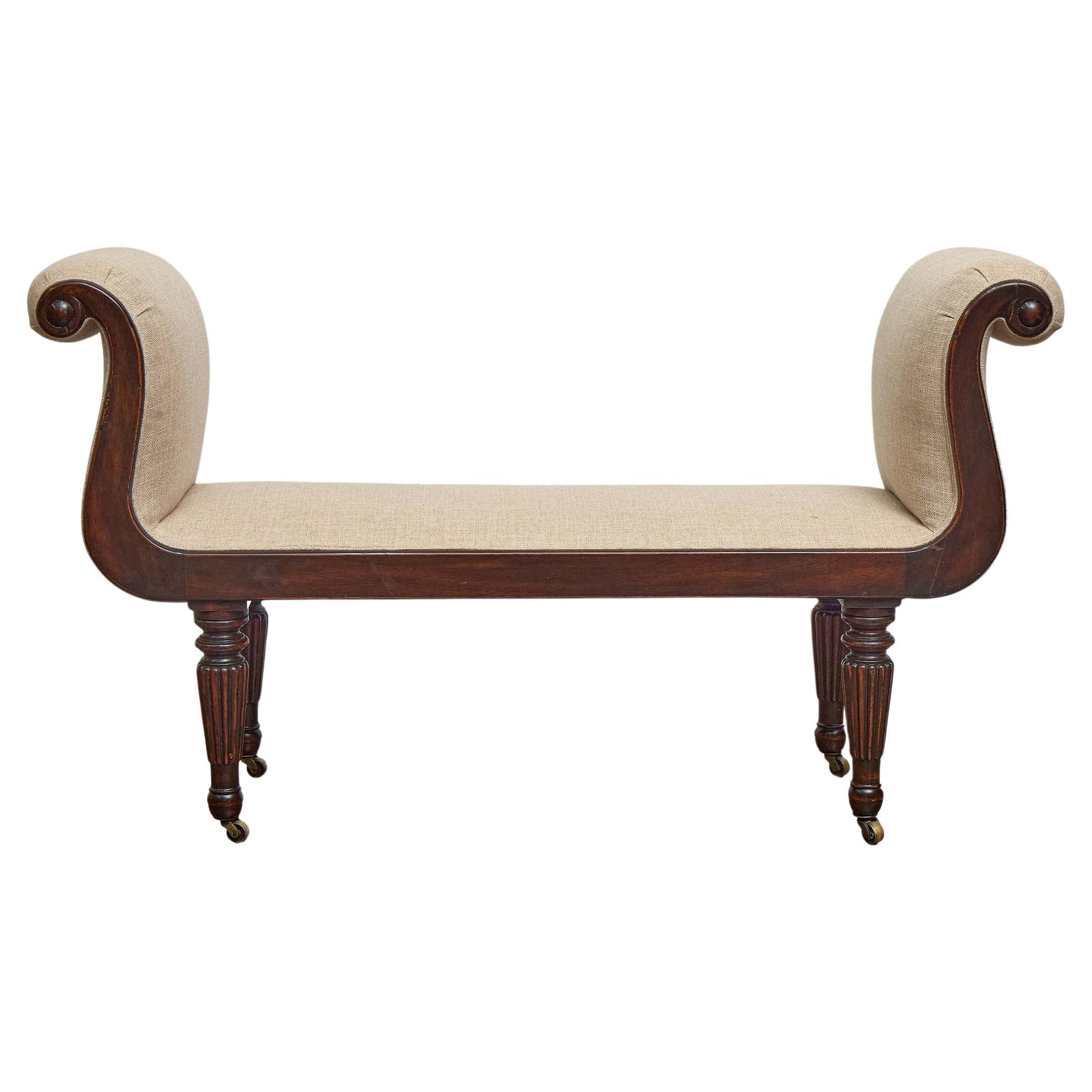 English Regency Mahogany Bench with Scroll Arms and Upholstered Seat For Sale