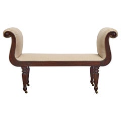 English Regency Mahogany Bench with Scroll Arms and Upholstered Seat