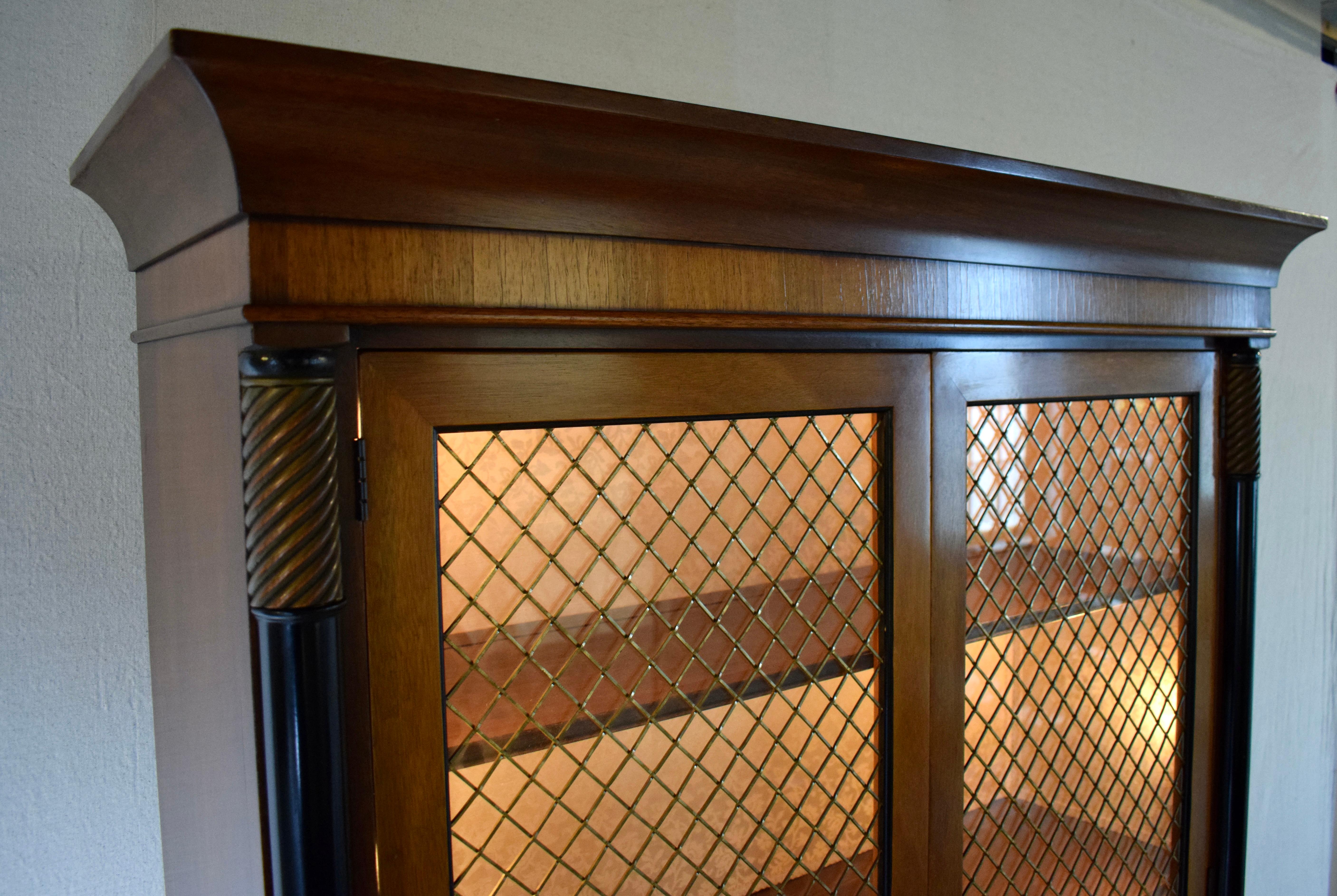 English Regency Mahogany Bookcase China Cabinet With Brass Lattice Doors For Sale 9