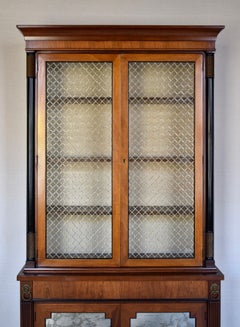 English Regency Mahogany Bookcase China Cabinet With Brass Lattice Doors
