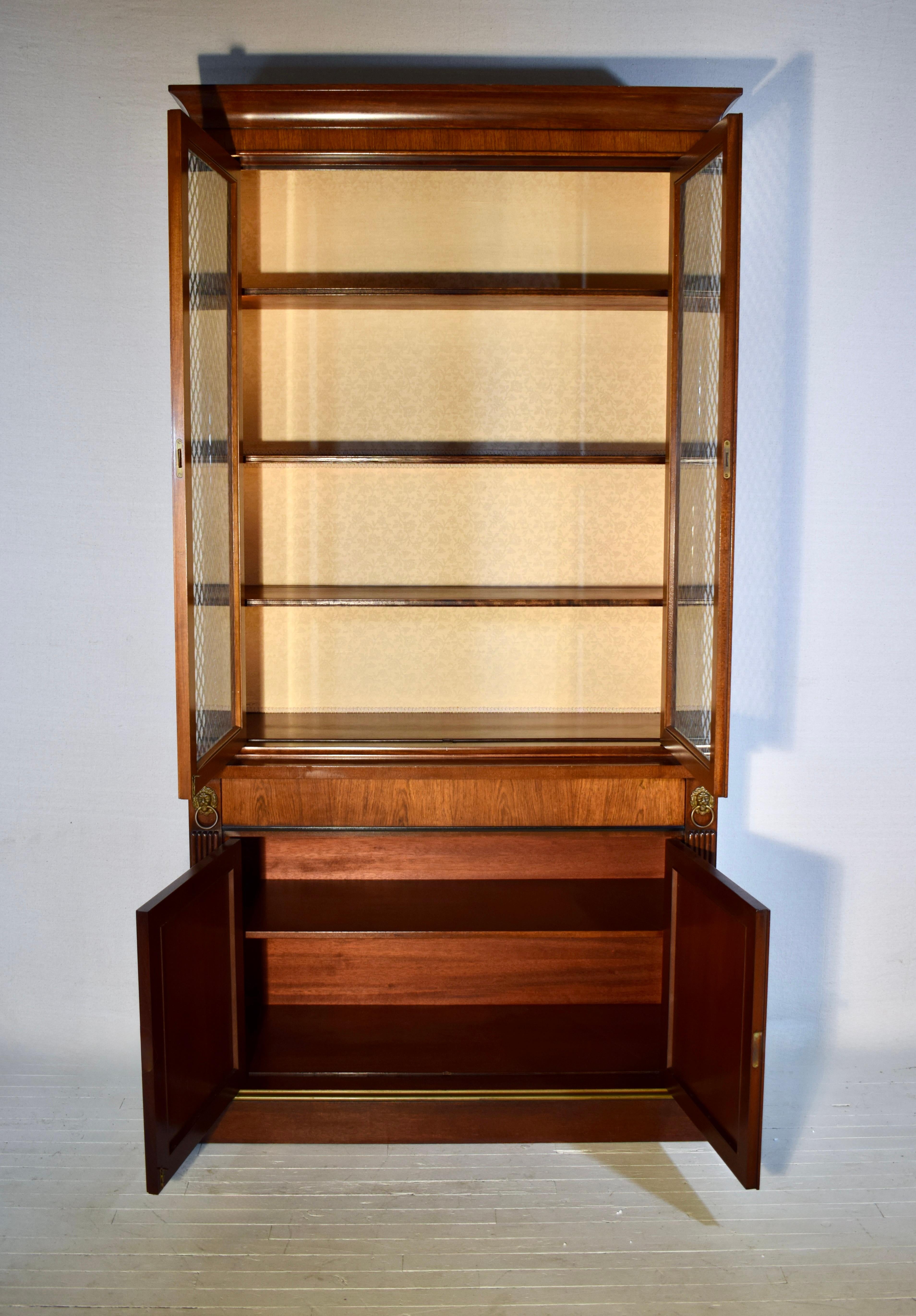 American English Regency Mahogany Bookcase China Cabinet With Brass Lattice Doors For Sale