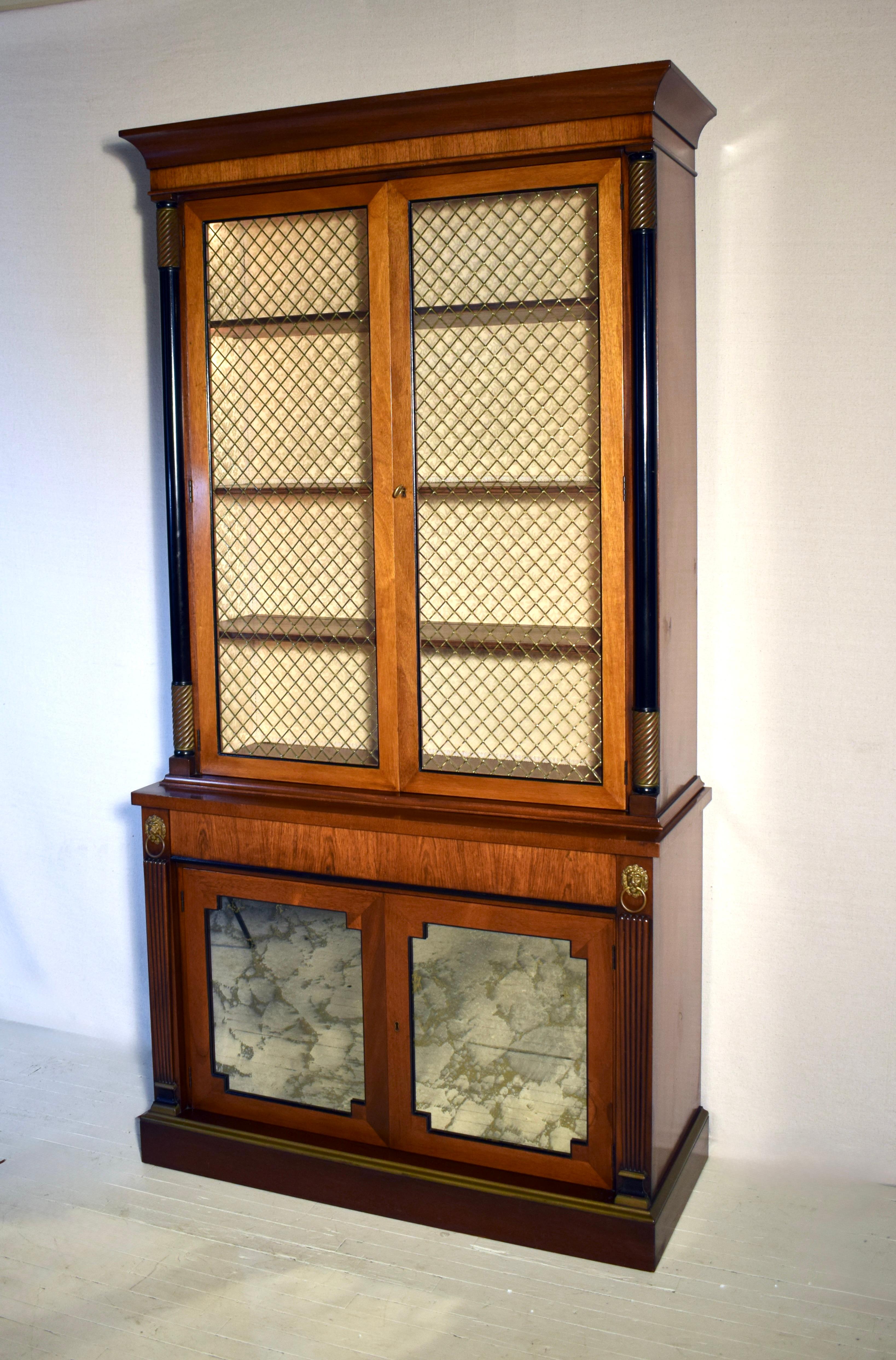 Cross-Banded English Regency Mahogany Bookcase China Cabinet With Brass Lattice Doors For Sale