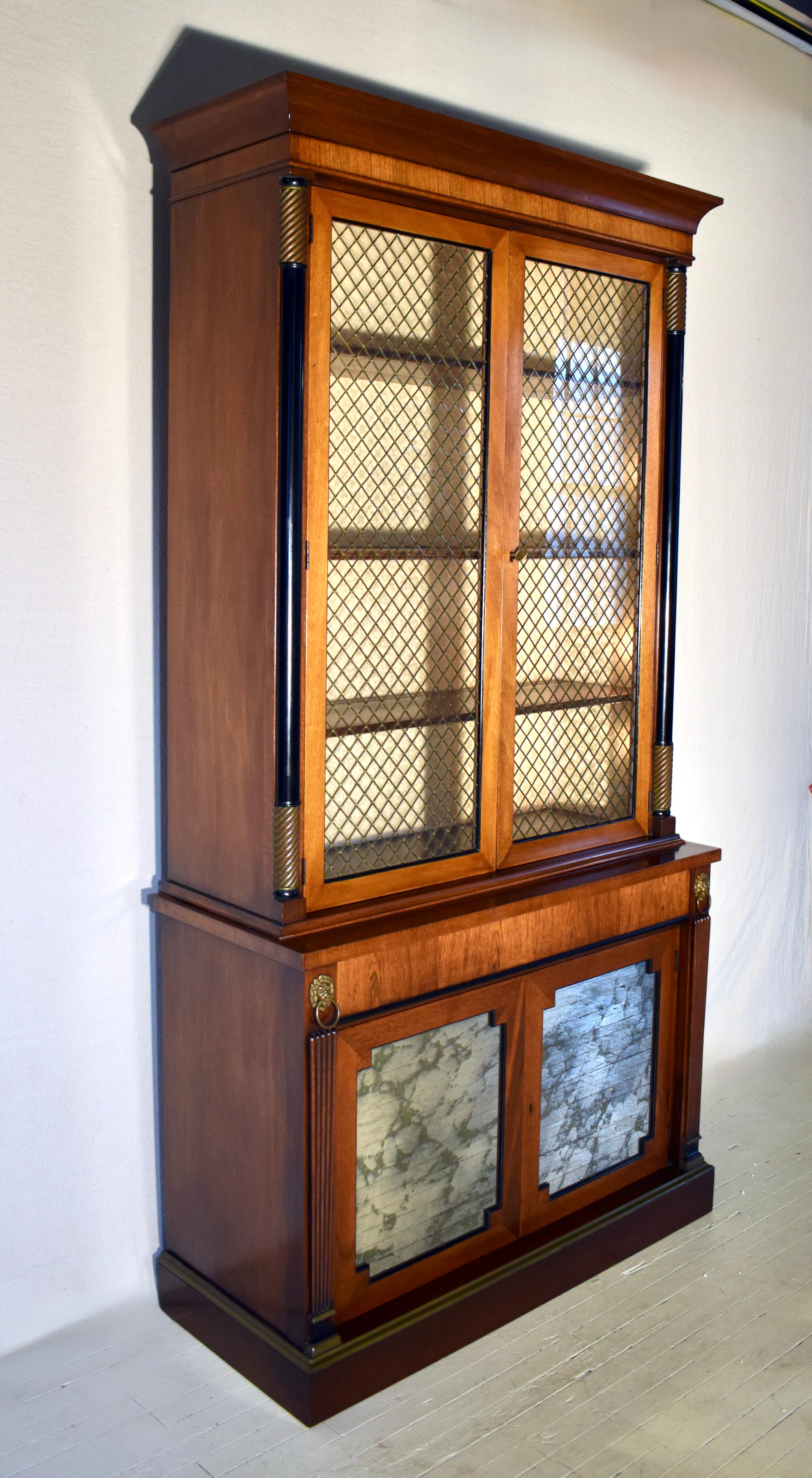 Mid-20th Century English Regency Mahogany Bookcase China Cabinet With Brass Lattice Doors For Sale