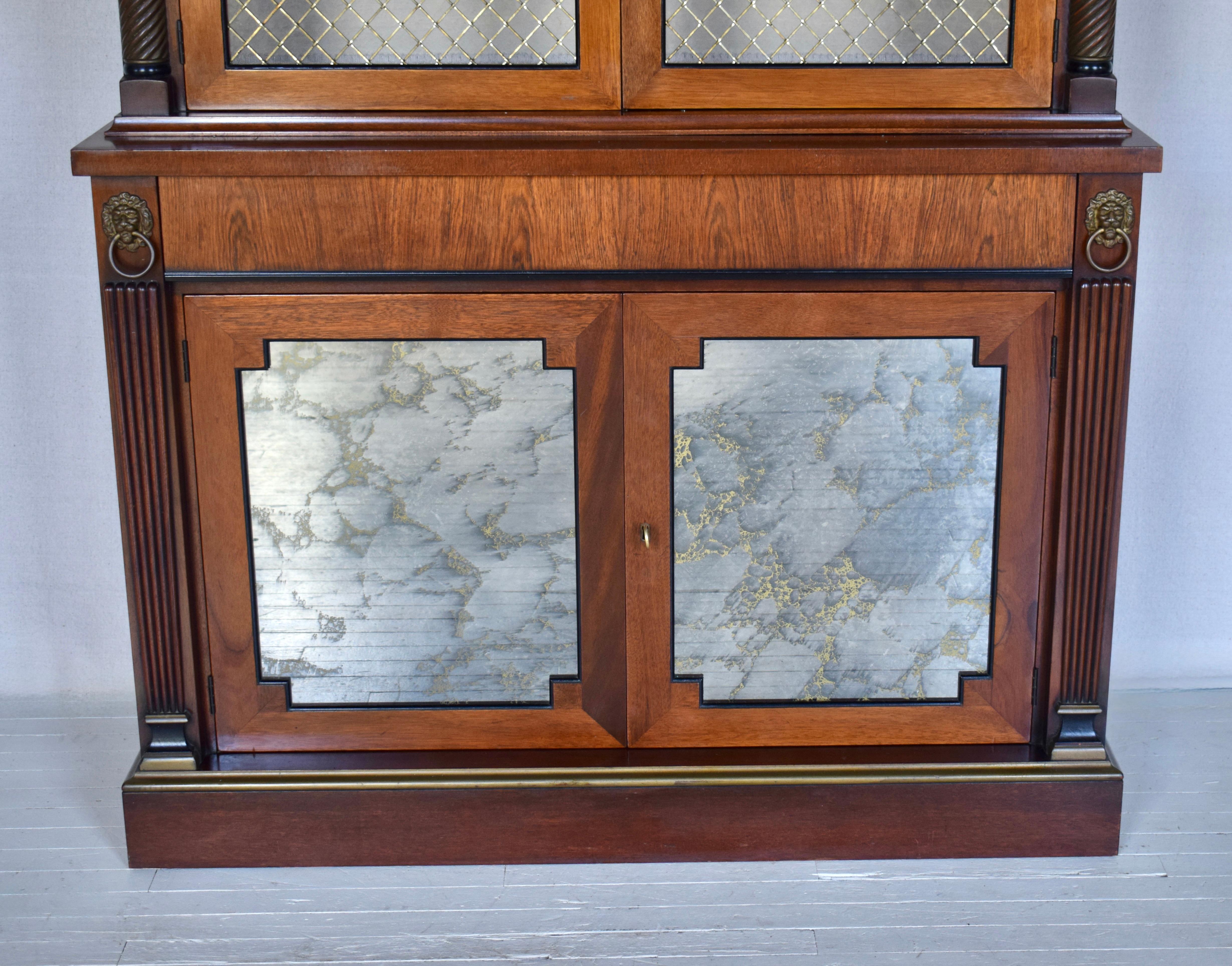 English Regency Mahogany Bookcase China Cabinet With Brass Lattice Doors For Sale 1