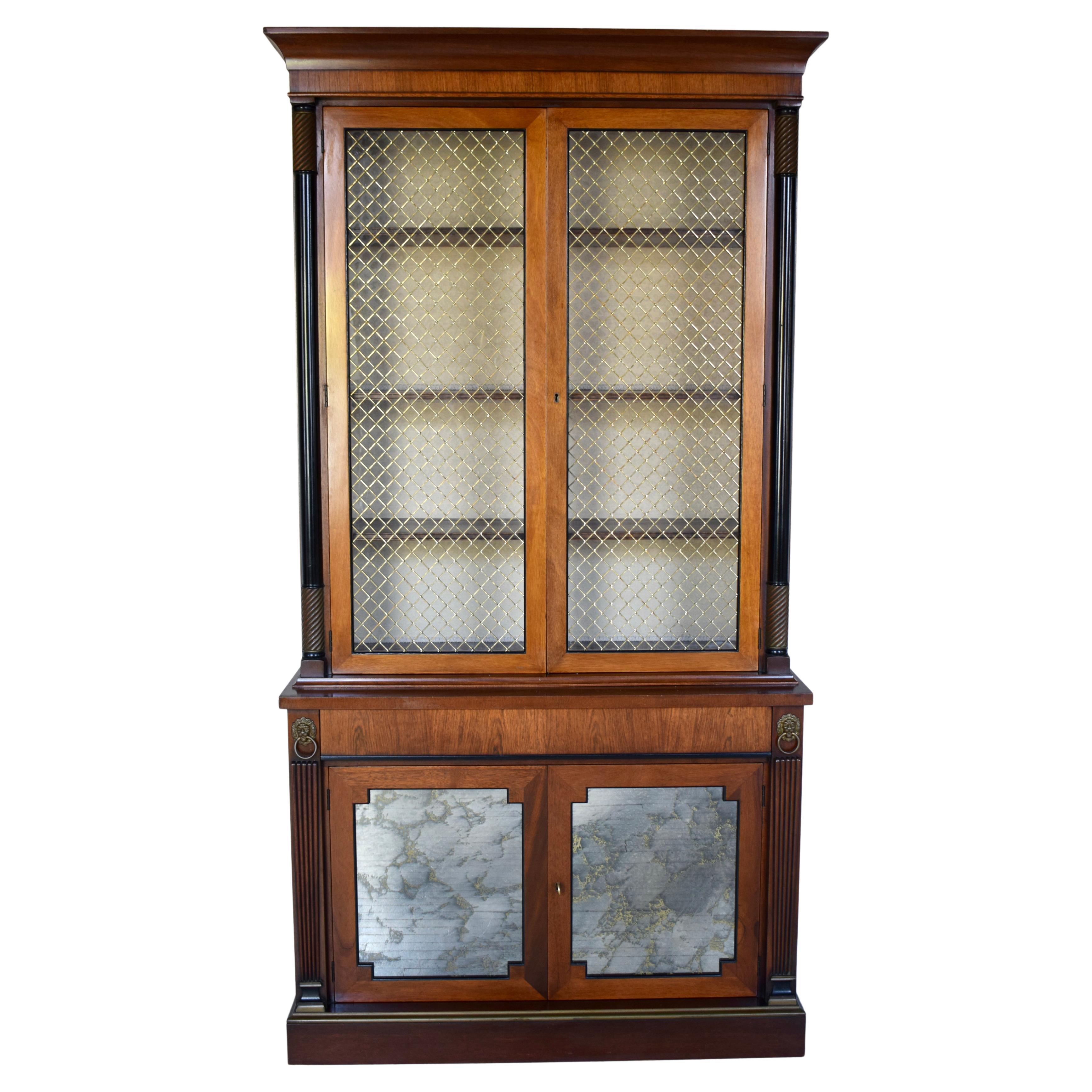 English Regency Mahogany Bookcase China Cabinet With Brass Lattice Doors