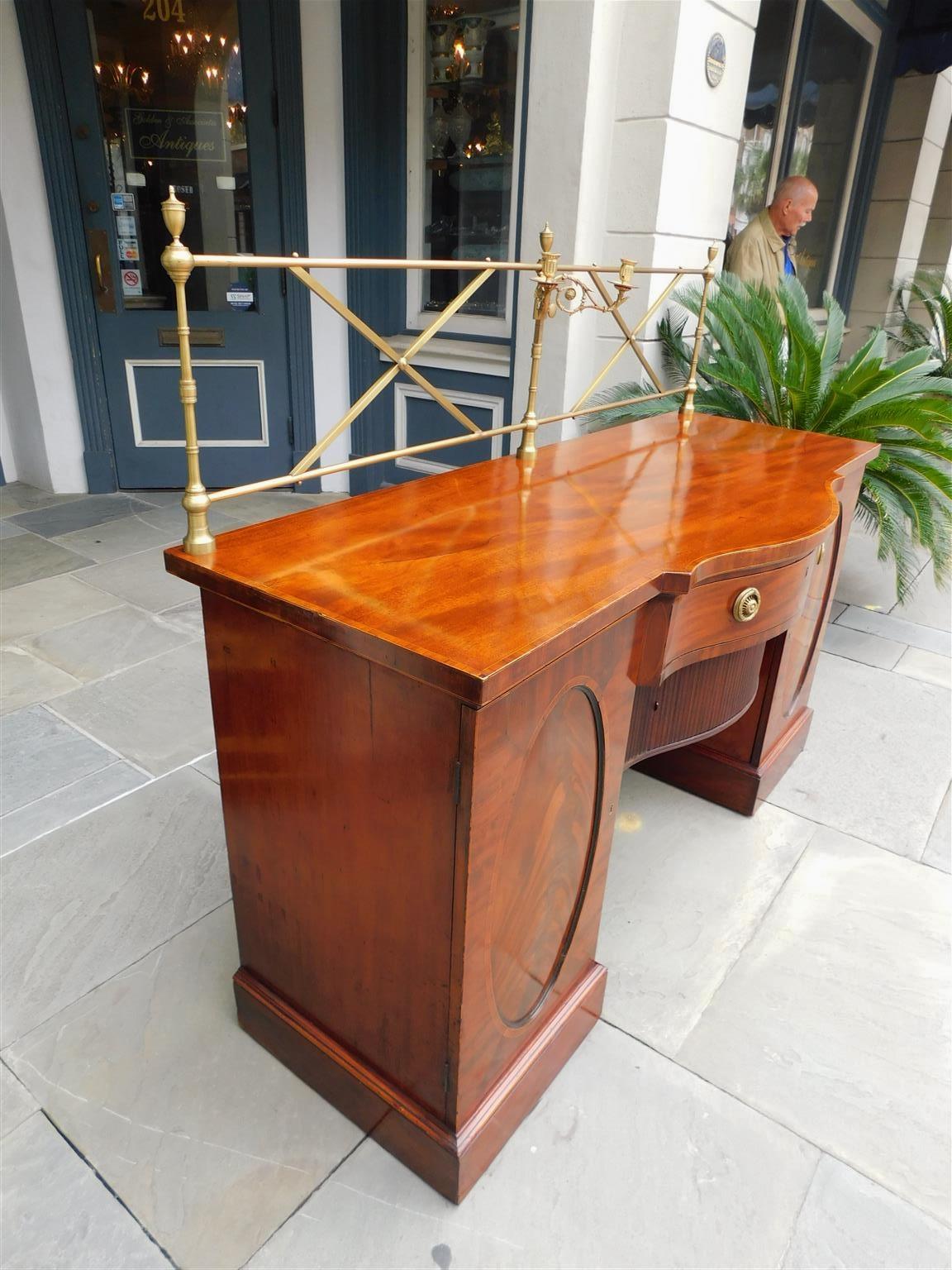 English Regency Mahogany Bow Front Brass Finial Gallery Sideboard, Circa 1780 In Excellent Condition For Sale In Hollywood, SC