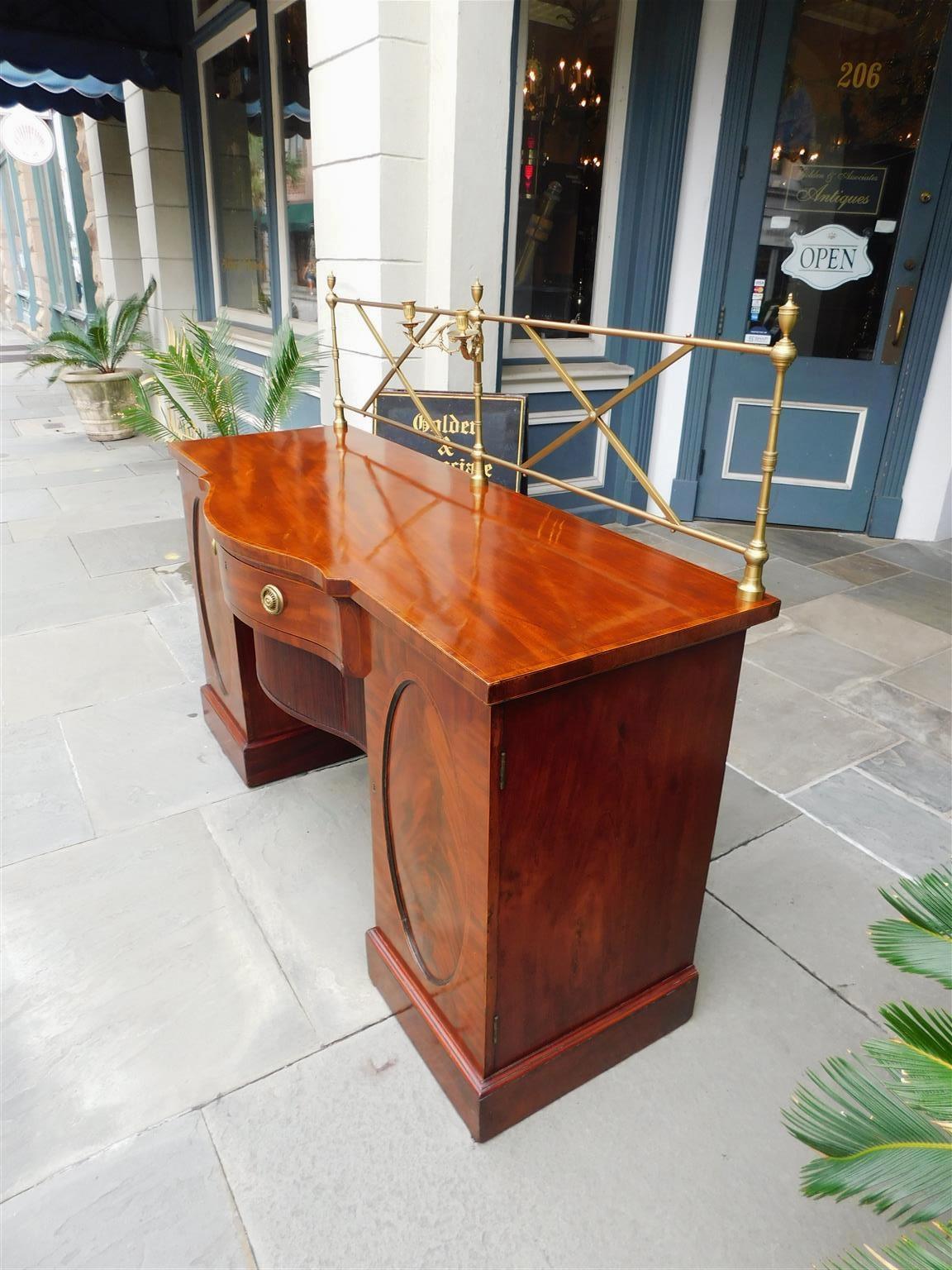 Late 18th Century English Regency Mahogany Bow Front Brass Finial Gallery Sideboard, Circa 1780 For Sale
