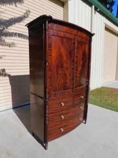 English Regency Mahogany Bow Front Gadrooned Linen Press w/ Orig. Brasses, 1800